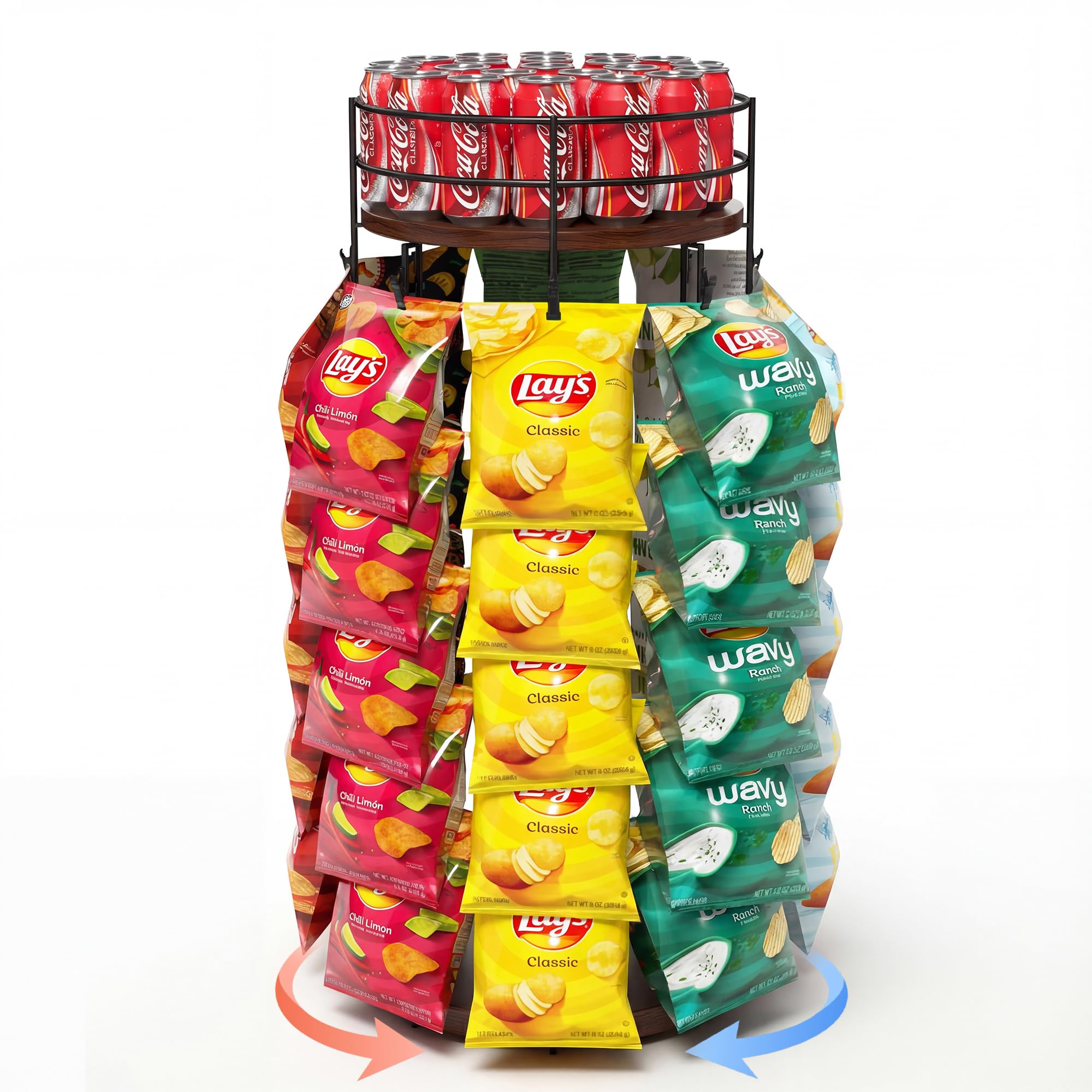 Photo 1 of Liaakrr 360° Rotating Snack Display Stand with Secure Top Tier, Holds Drinks & Chips, 5-Tier 40-Clip Countertop Organizer for Party, Kitchen, Store-Brown