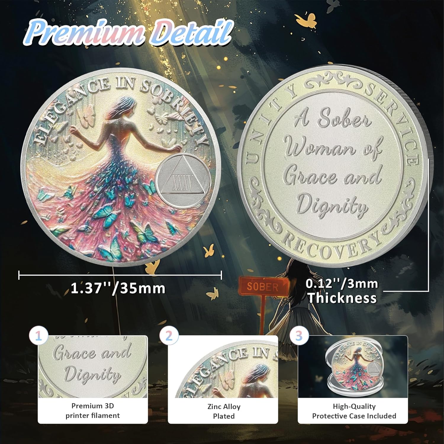 Artsy Grace Women 35 Year Sobriety Coin - Recovery Butterfly AA Coins - Sister Power Addiction NA AA Chips and Medallions - Celebrate 1-40 Years Narcotics Alcoholics Anonymous Gifts for Men Women - Image 3