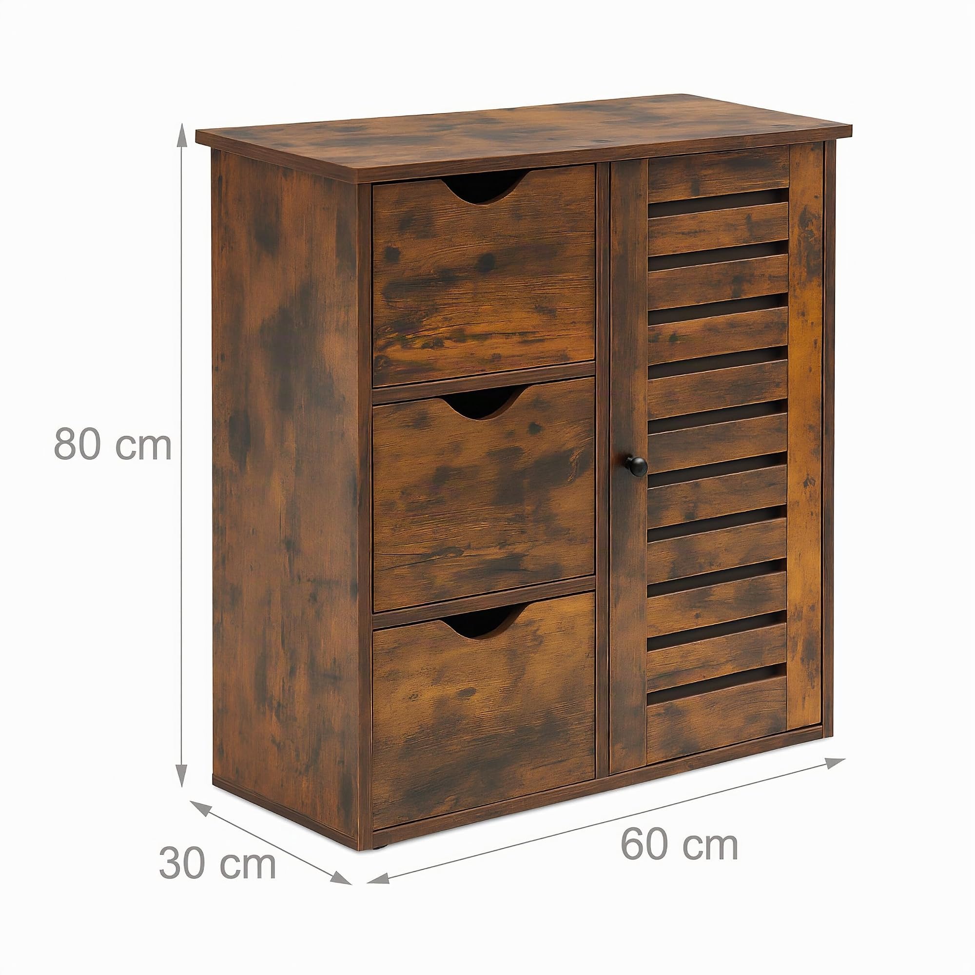Relaxdays Badezimmerschrank, HxBxT: 80 x 60 x 30 cm, 3 Schubladen & Fächer, Beistellschrank für Bad, Flur, Küche, braun