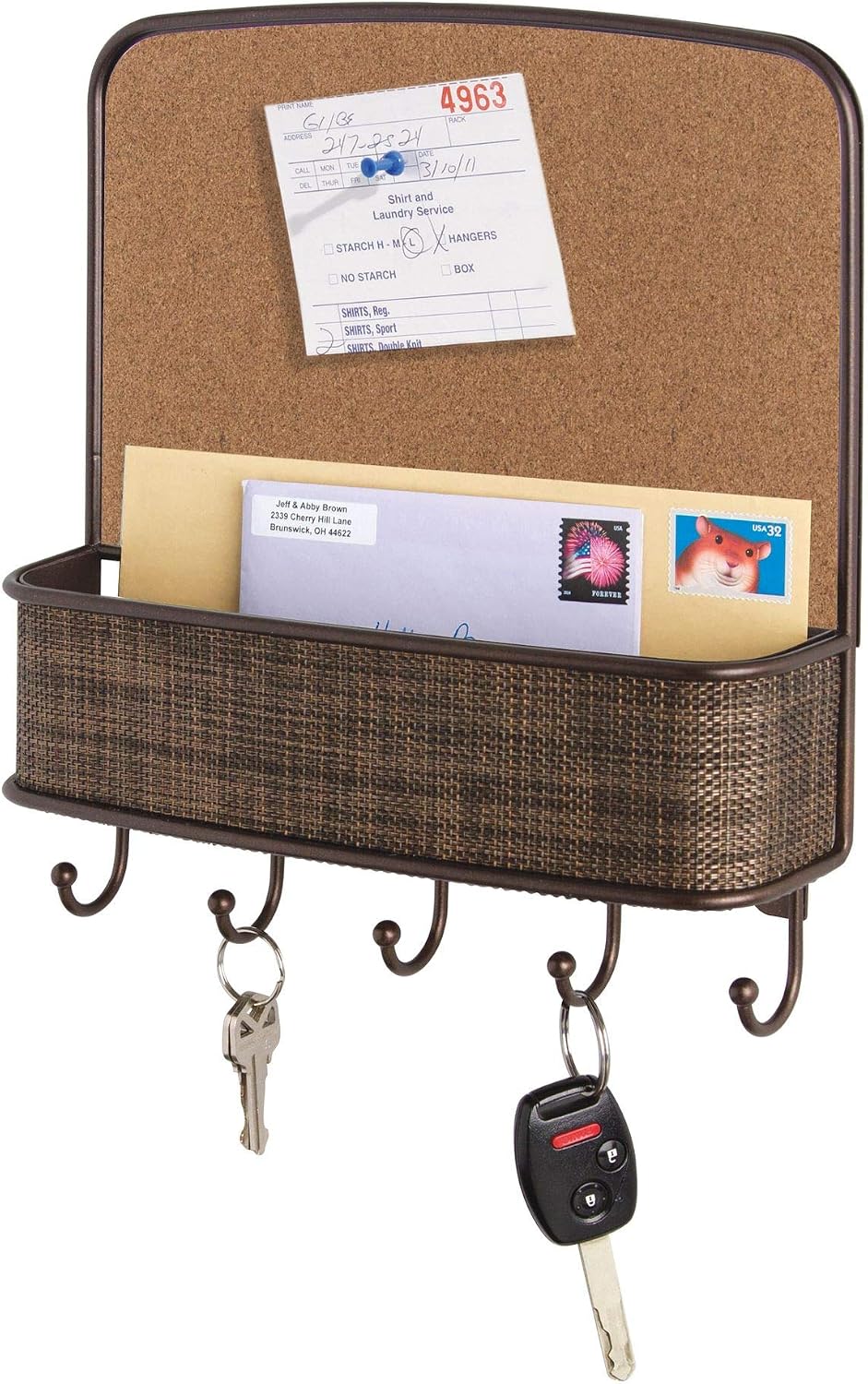iDesign Twillo Metal Wall Mount Corkboard, Key and Mail Rack, 5-Hook Organizer for Kitchen, Mudroom, Hallway, 11.5" x 10.5" x 2.5", Bronze
