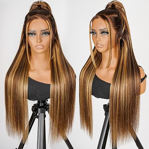 Miniatura 10 de ANDRIA Pelucas de encaje frontal negro y rubio de 13 x 4 pulgadas, previamente despuntadas, sin pegamento, con abuelitos, cabello sintético