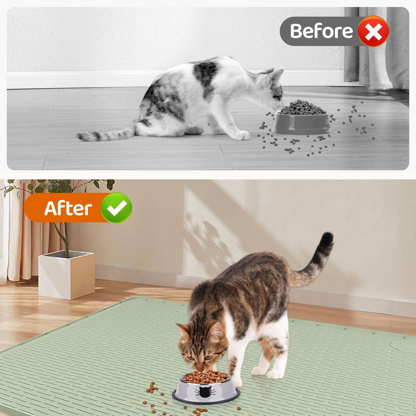 Extra große Silikon Katzenfuttermatte, 178x114cm Futtermatte für Haustiere mit erhöhtem Rand, Platzdeckchen für Futter- und Wassernäpfe, rutschfest, leicht zu reinigen (Grün)