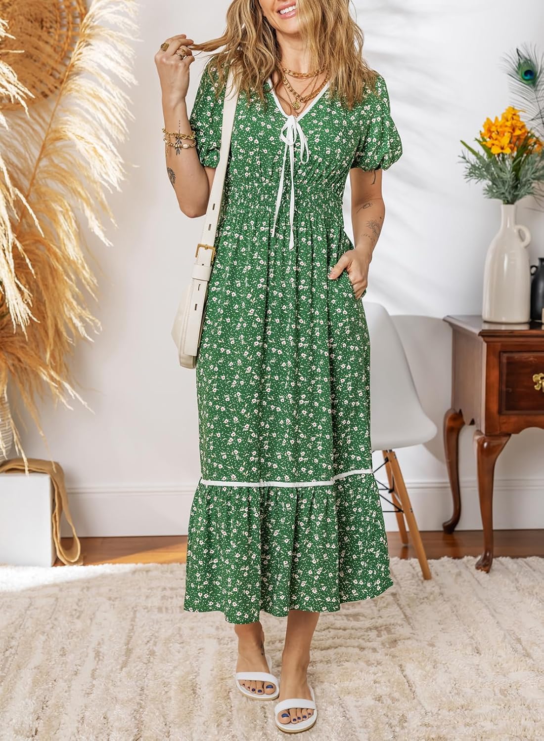 Dokotoo Womens Tie Front V-Neck Empire Waist Dress Summer Short Sleeve Smocked Wedding Guest Dress Floral Maxi Dresses - Image 8