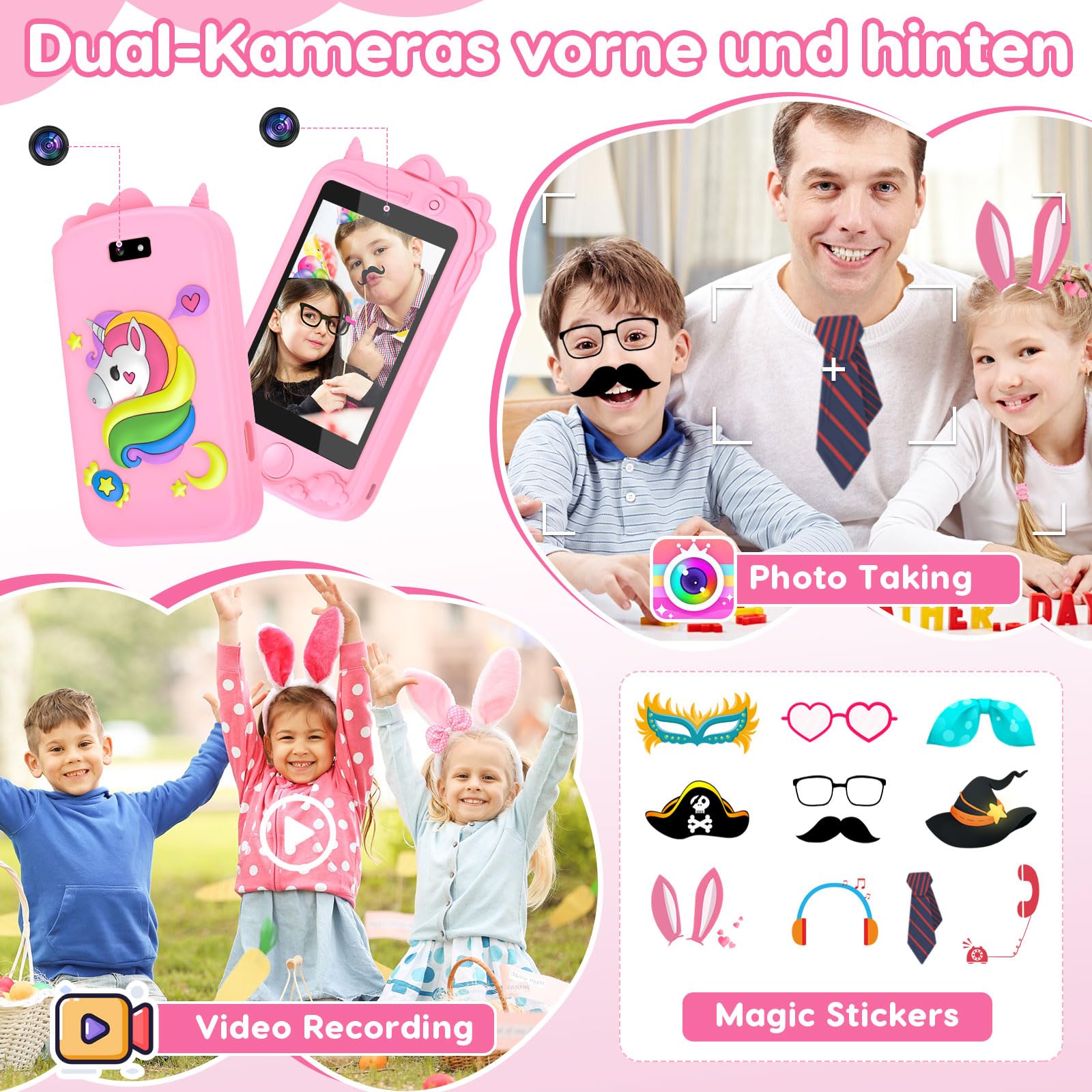 Kinder Handy, Kinder Kamera, Kinder Smartphone, Kinderhandy Spielzeug Mit Telefonkarte, Mit 28 Spiele Anruf SOS Kamera Musik Wecker. Einhorn-Geschenkspielzeug 3-9 Jahre Geschenke (Rosa)