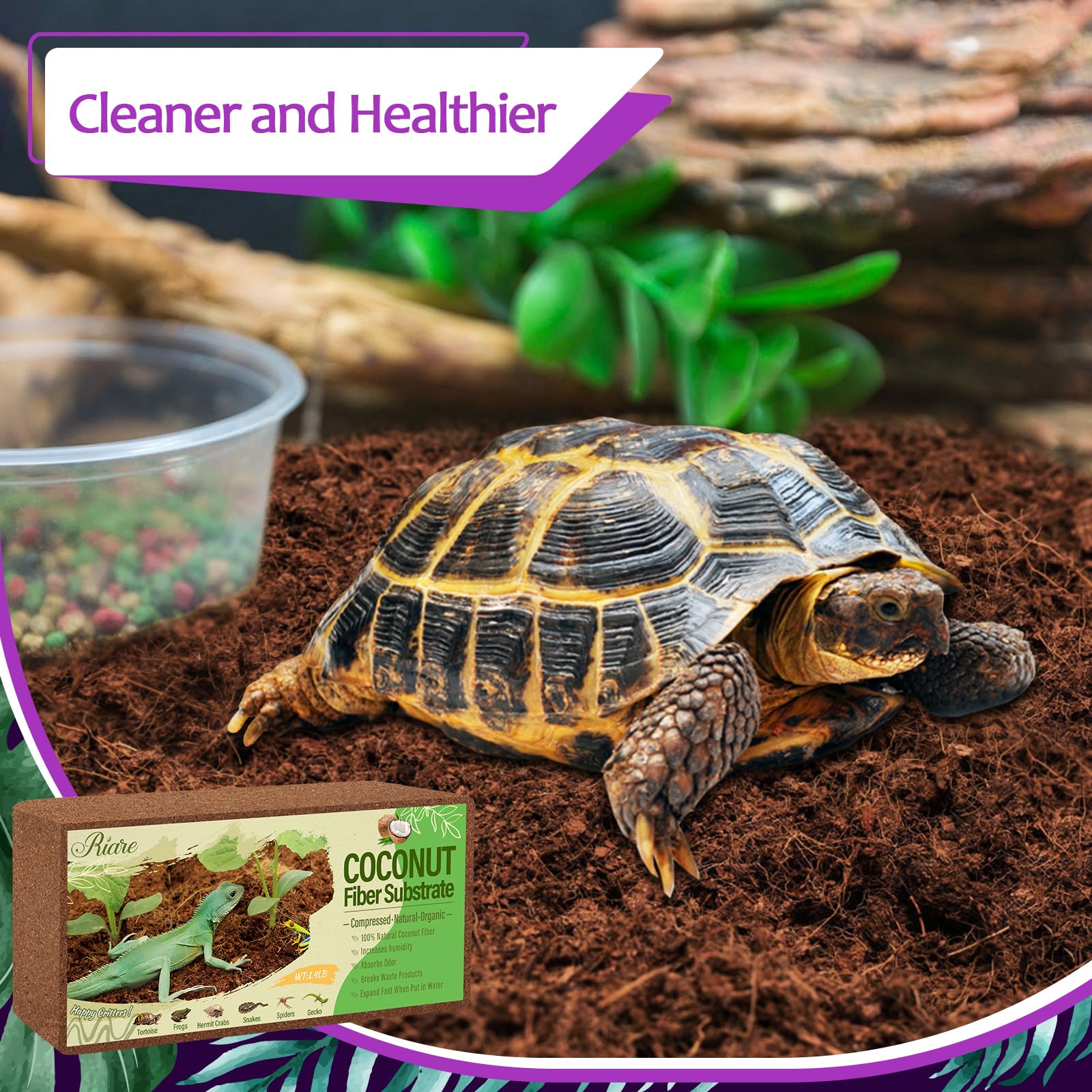 Riare 1 Pack Natural Coconut Fiber Substrate for Reptile Coco Substrate Premium Compressed Coconut Husk Terrarium Bedding for Reptile, Tortoise, Frogs, Snakes Hermit Crabs, Burrowing Animals — view 5