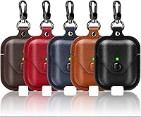 Vista 6 de Funda de cuero para Airpods con llavero, funda protectora de cuero vintage portátil a prueba de golpes para Apple AirPods 1 y AirPods 2 funda