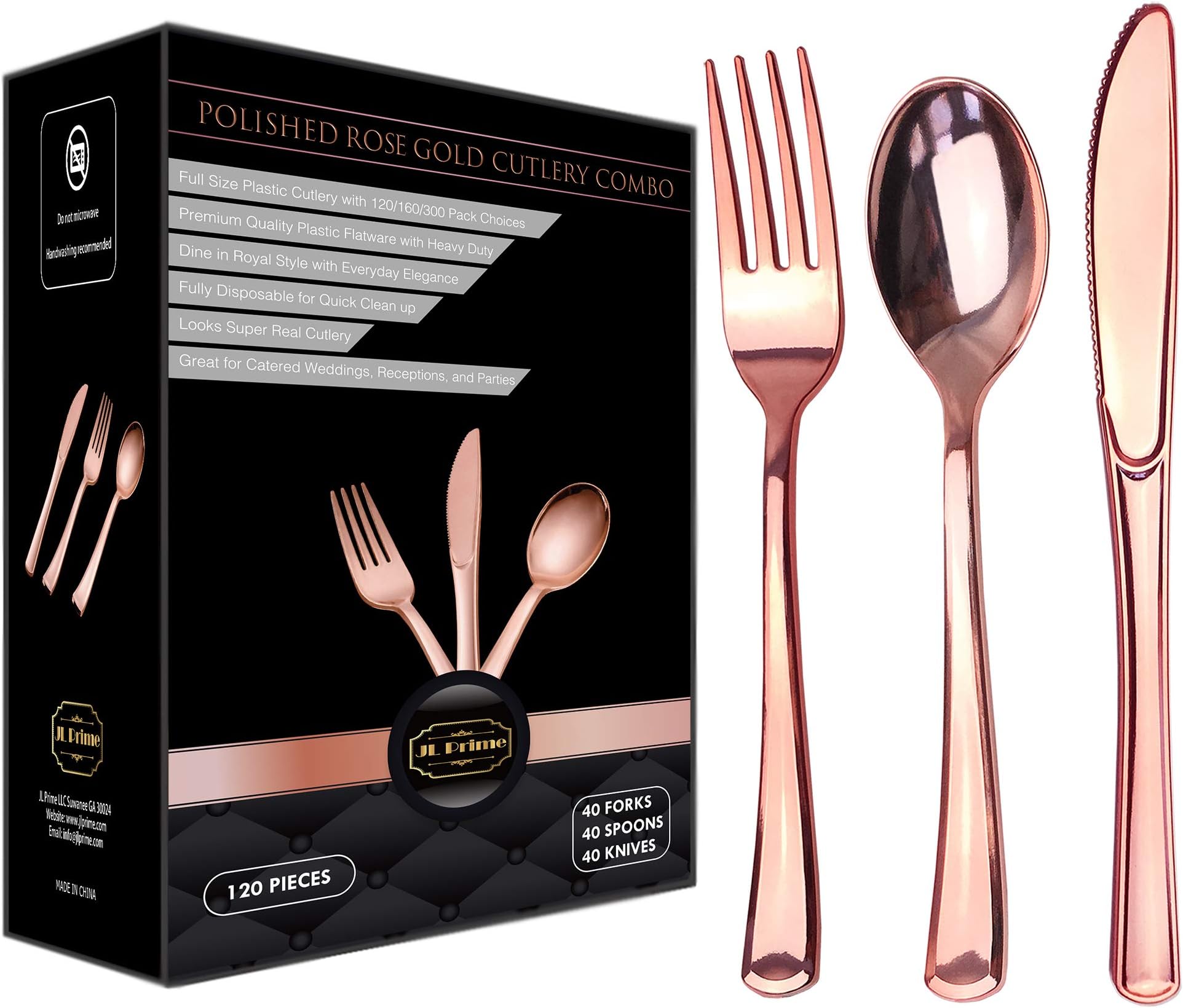 120 Piece Rose Gold Plastic Silverware Set - Reusable & Recyclable - Rose Gold Plastic Utensils for Weddings, Anniversaries, Showers, Parties - 40 Forks, 40 Spoons, 40 Knives - Cutlery by JL Prime