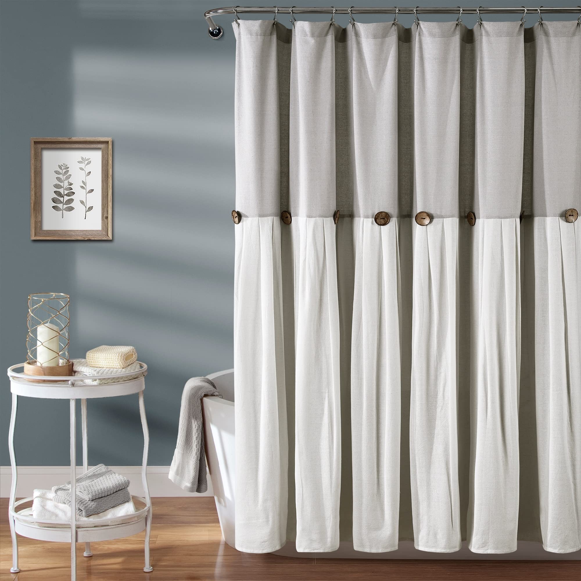 Lush Decor Linen Button Farmhouse Shower Curtain Pleated Two Tone Design for Bathroom, 72" W x 78" L, Gray & White