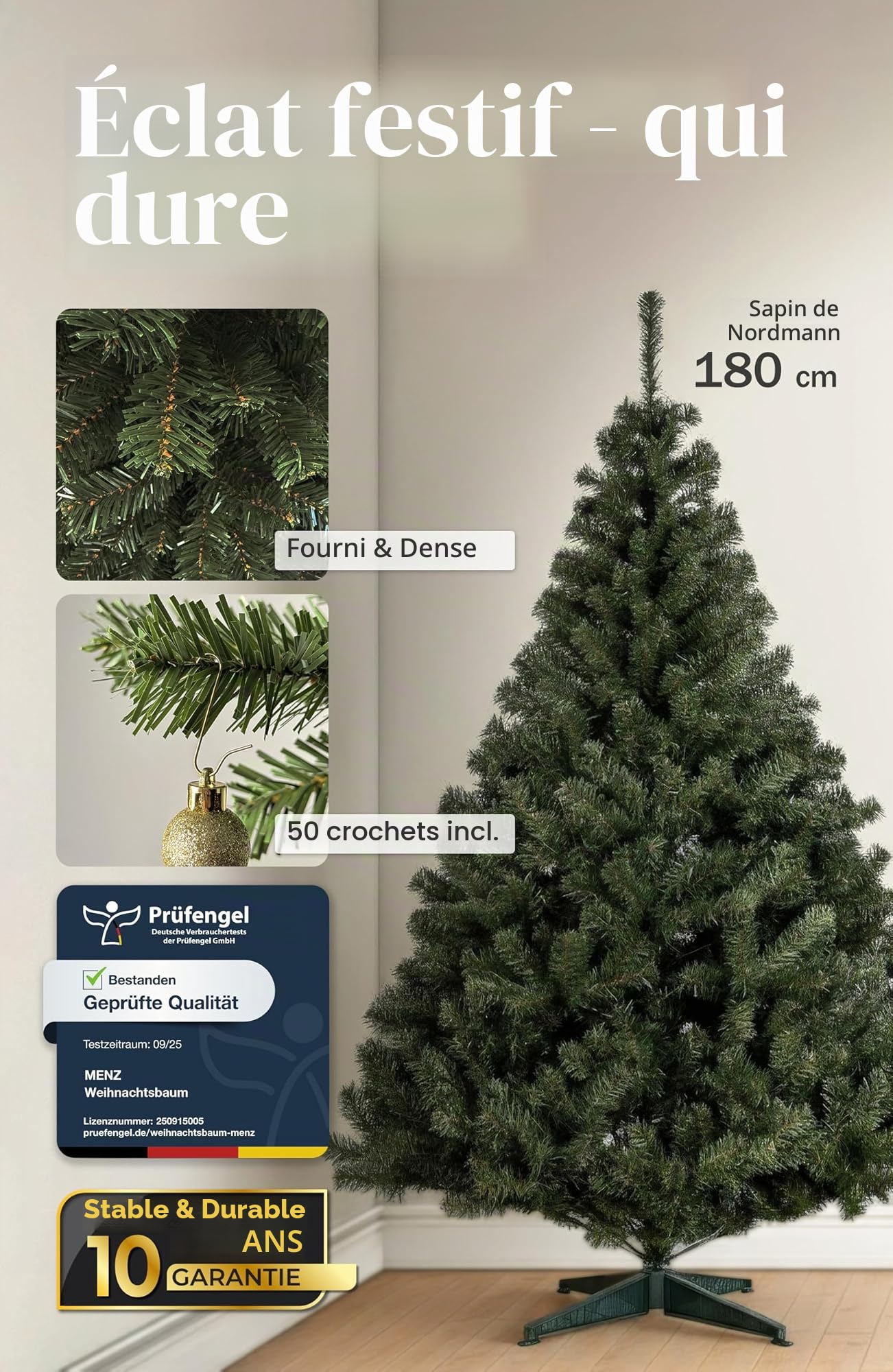 Sapin de Noël artificiel 180 cm, vert, convaincant pour 10 ans, facile d'entretien, peu coûteux, festif Menz