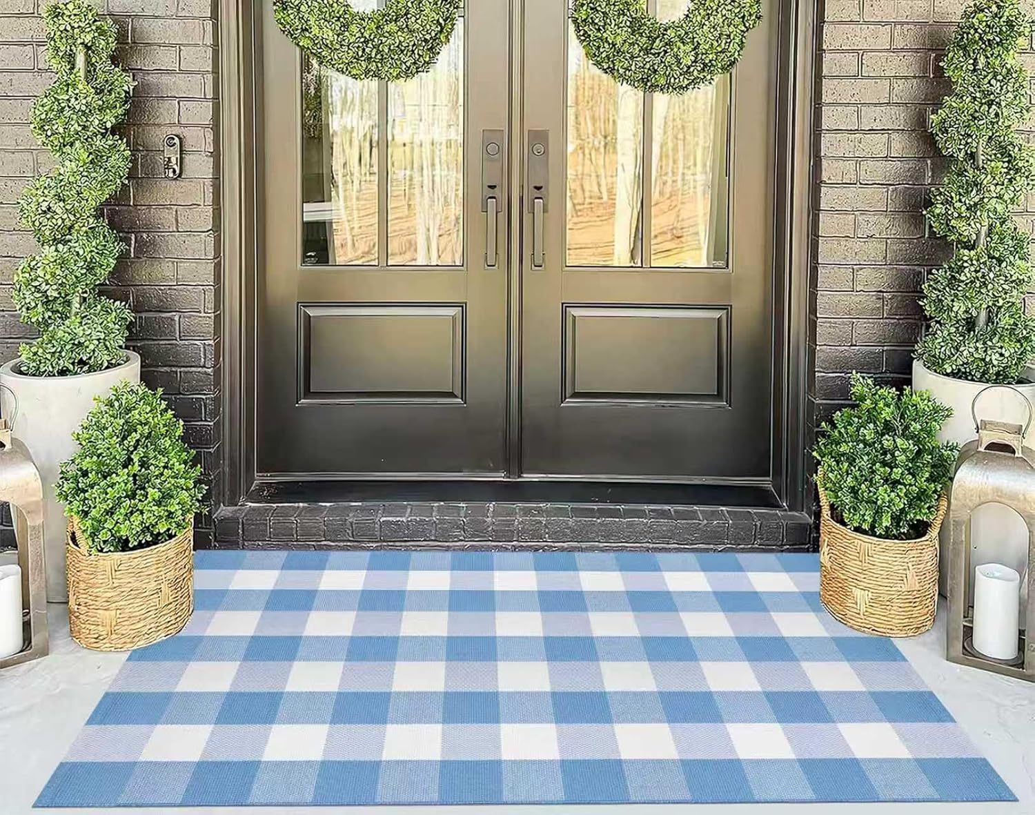 Buffalo Plaid Rug 3'x 5' Light Blue and White Checkered Porch Rug Cotton Woven Washable Layering Door Mat for Welcome Door Mat Porch Entryway Bedroom Living Room
