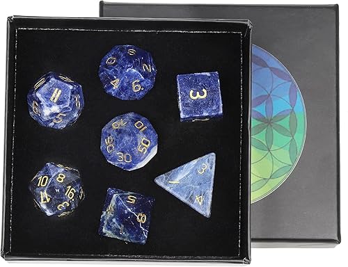 rockcloud Blue Stone DND - Juego de 7 dados poliédricos hechos a mano con piedra de cristal curativo con caja de dados para juegos de mesa RPG MTG,