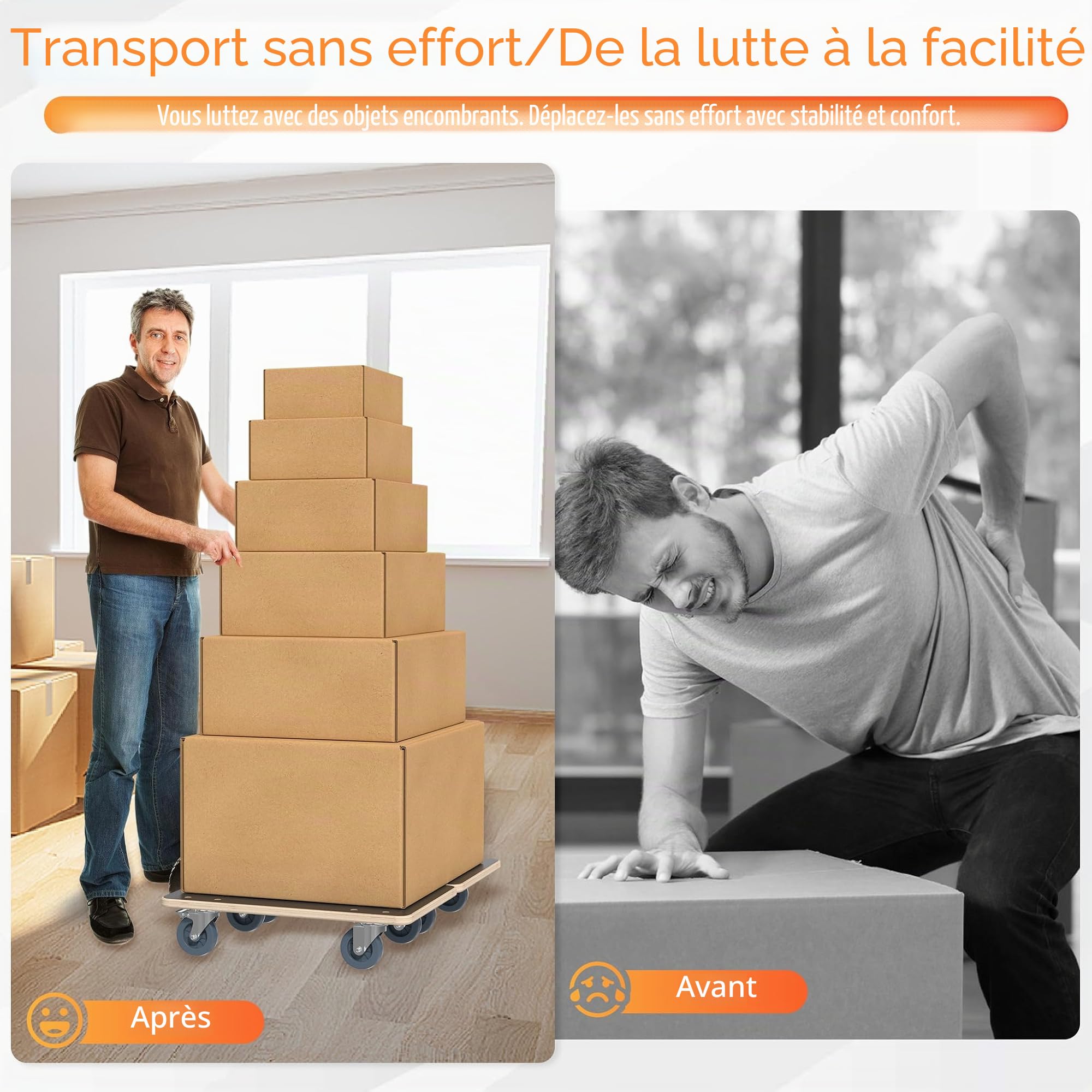 Aufun Lot de 2 roulettes de transport pour planche à roulettes 60 x 40 cm avec frein, roulettes pour meubles, transport avec aide au transport, transport de meubles jusqu'à 200 kg, robustes et sûrs