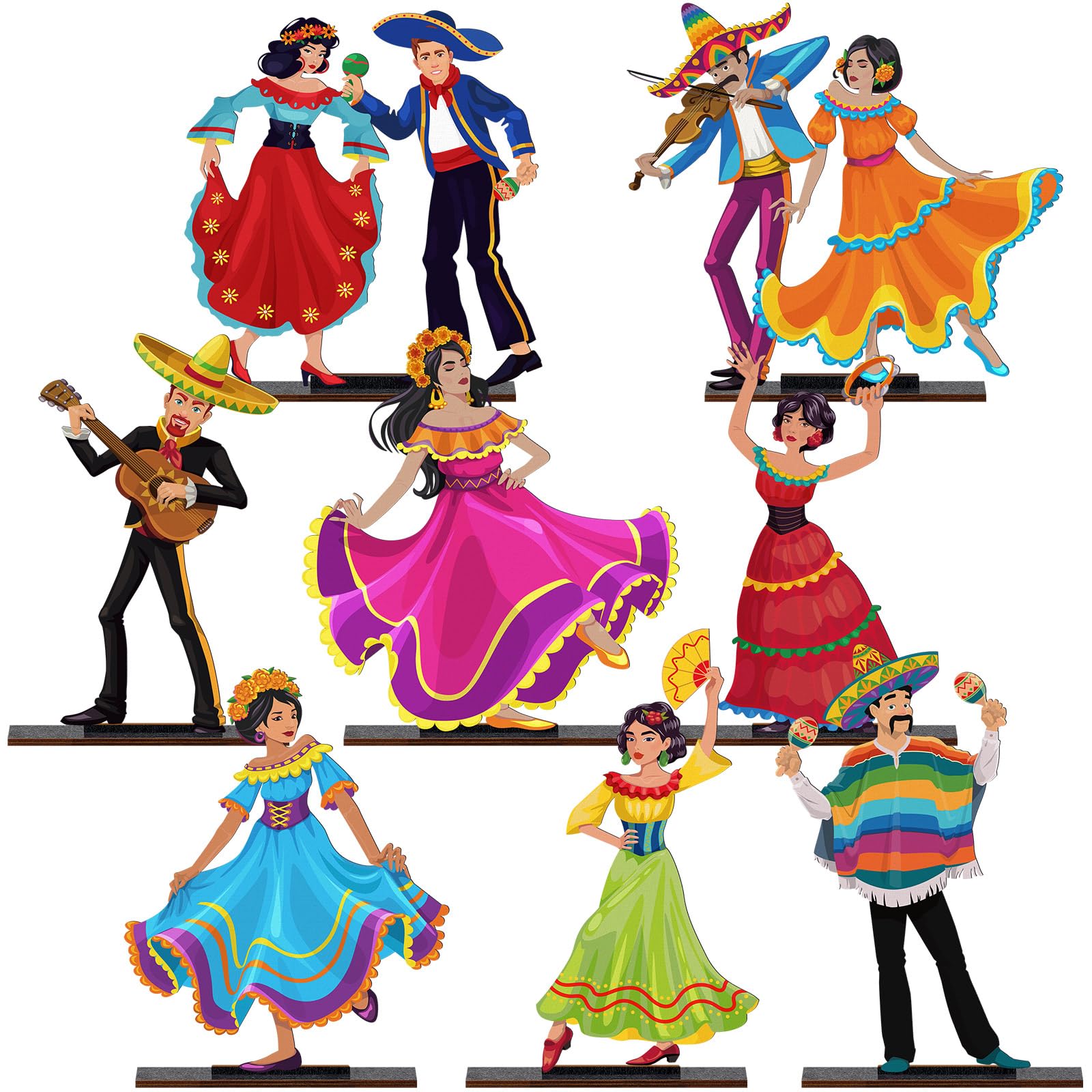 8 Pack Fiesta Mexican Party Decor Wooden Mexican Centerpieces for Tables 6 x 4'' Dancer Bright Fiesta Centerpieces for Fiesta Mexican Themed Taco