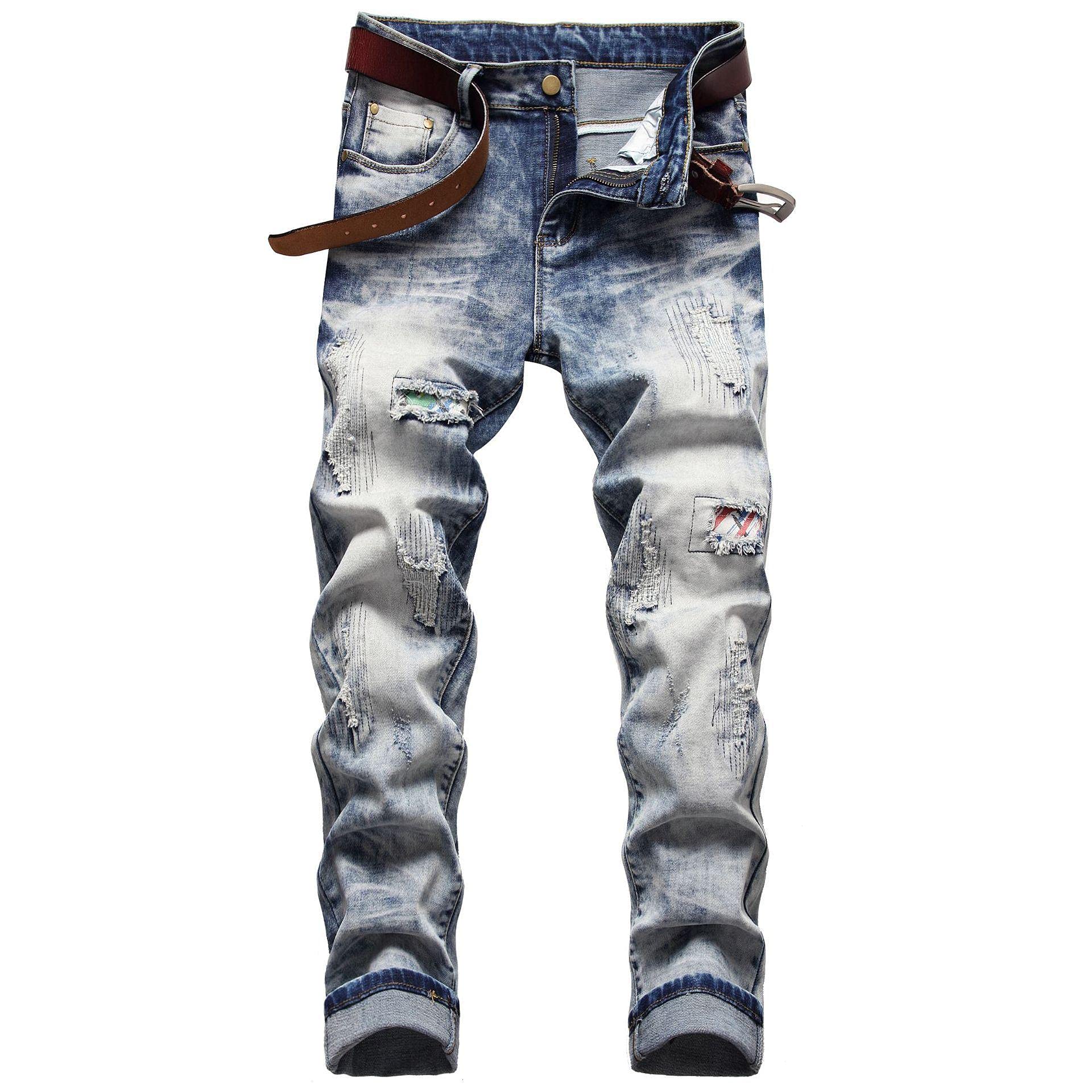 WQZYY&ASDCD Jeans Pantalon Herren Ripped Street Hip Hop Punk Stretch Bike Jeans Trendy Holes Straight Denim Hose