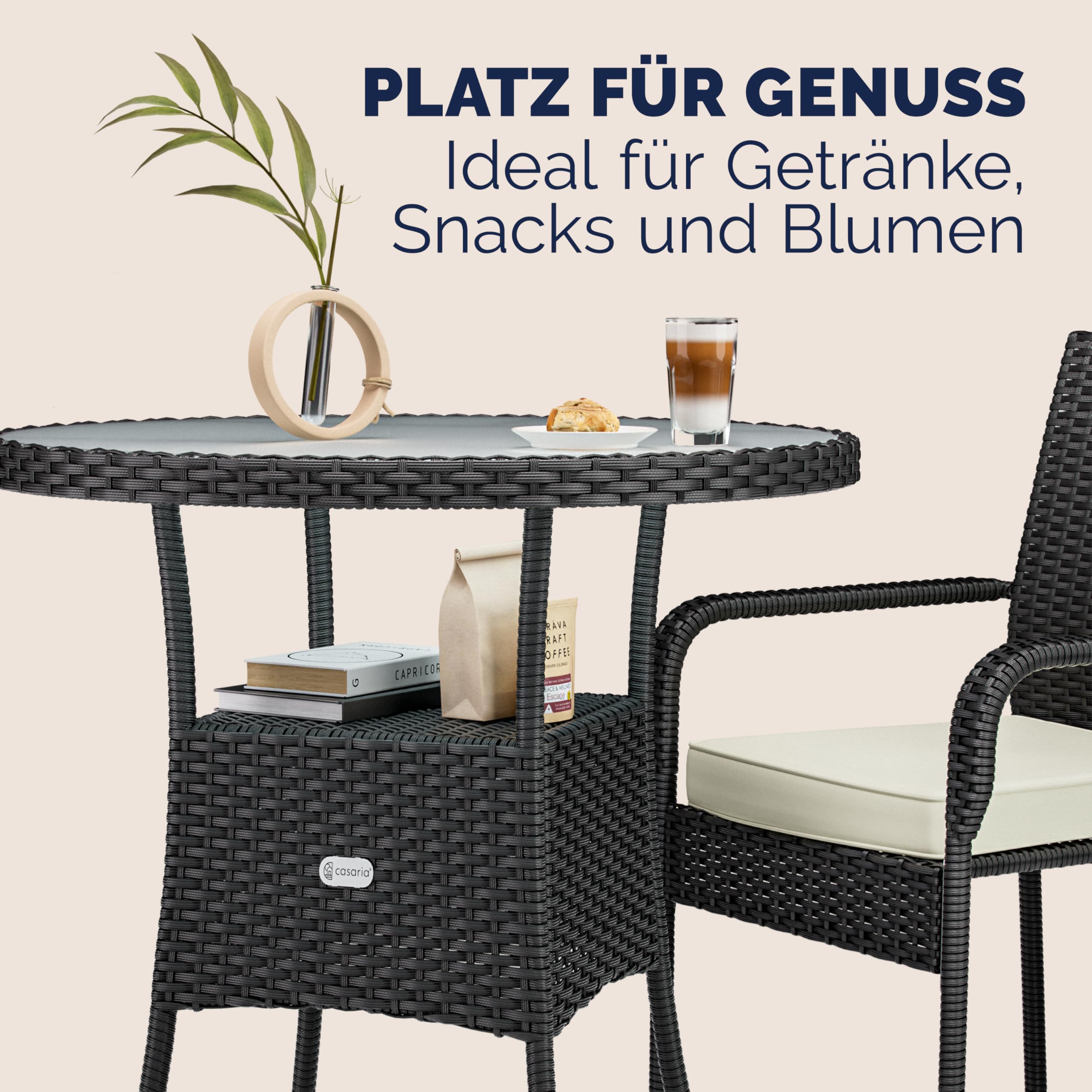 Casaria® Polyrattan Gartentisch 60cm Rund 5mm Sicherheitsglas Höhenverstellbar 80kg Belastbarkeit Wetterfest Terrasse Balkon Beistelltisch Tisch Schwarz