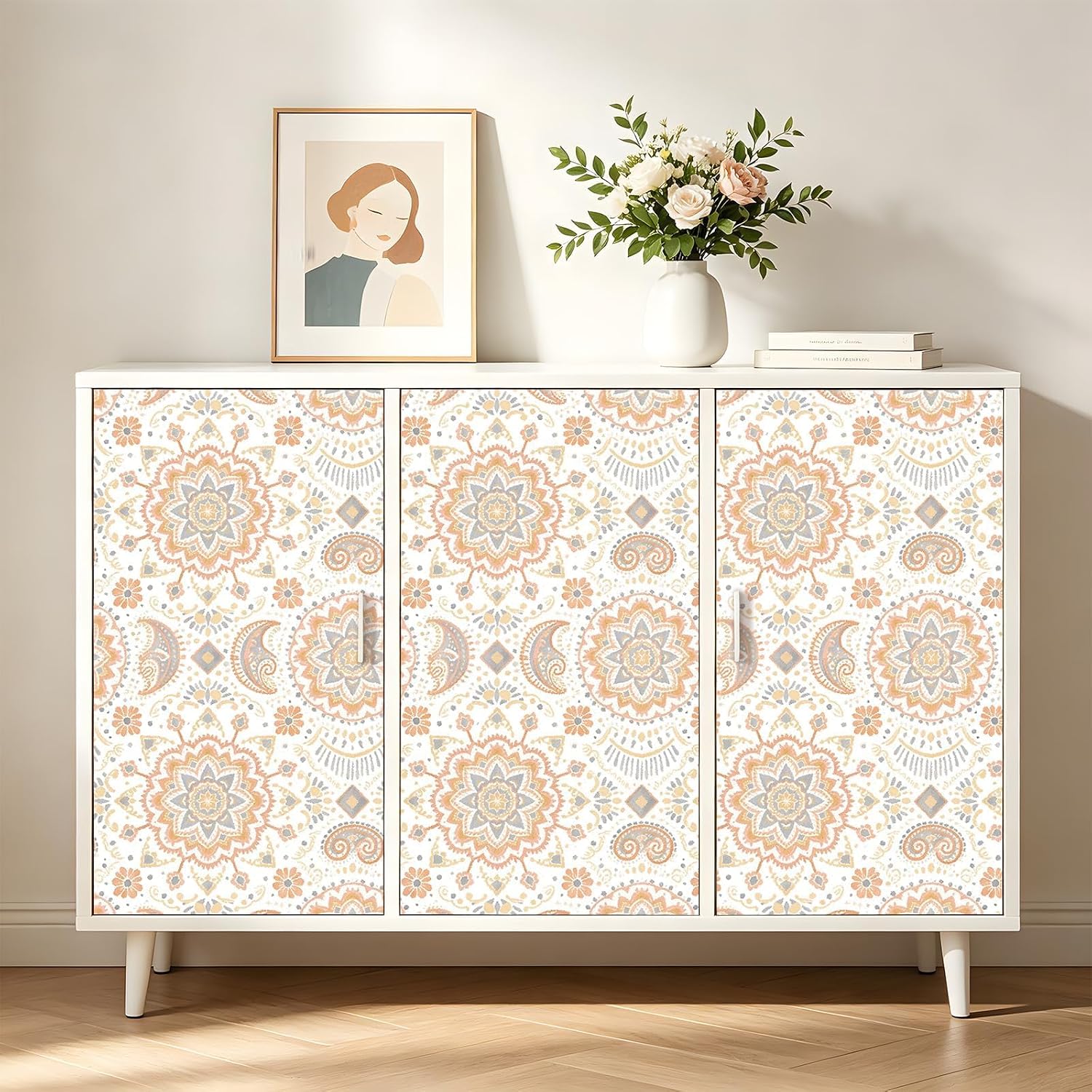 Decotalk Cream Bohemian Wallpaper Peel and Stick - Modern Farmhouse Wallpaper for Bathroom Bedroom 17.5x120 Inch Mandala-Style Cream Wall Paper Self Adhesive Boho Contact Paper Modern