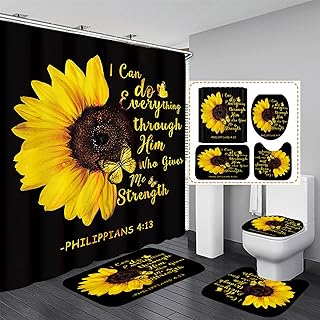 AZHM 4PCS Sunflower Shower Curtain Set Quotes Flower Bathroom Decor Sets with Rugs Bathroom Accessories Set Bathroom Curtain Shower Set with 12 Hooks - Buy now