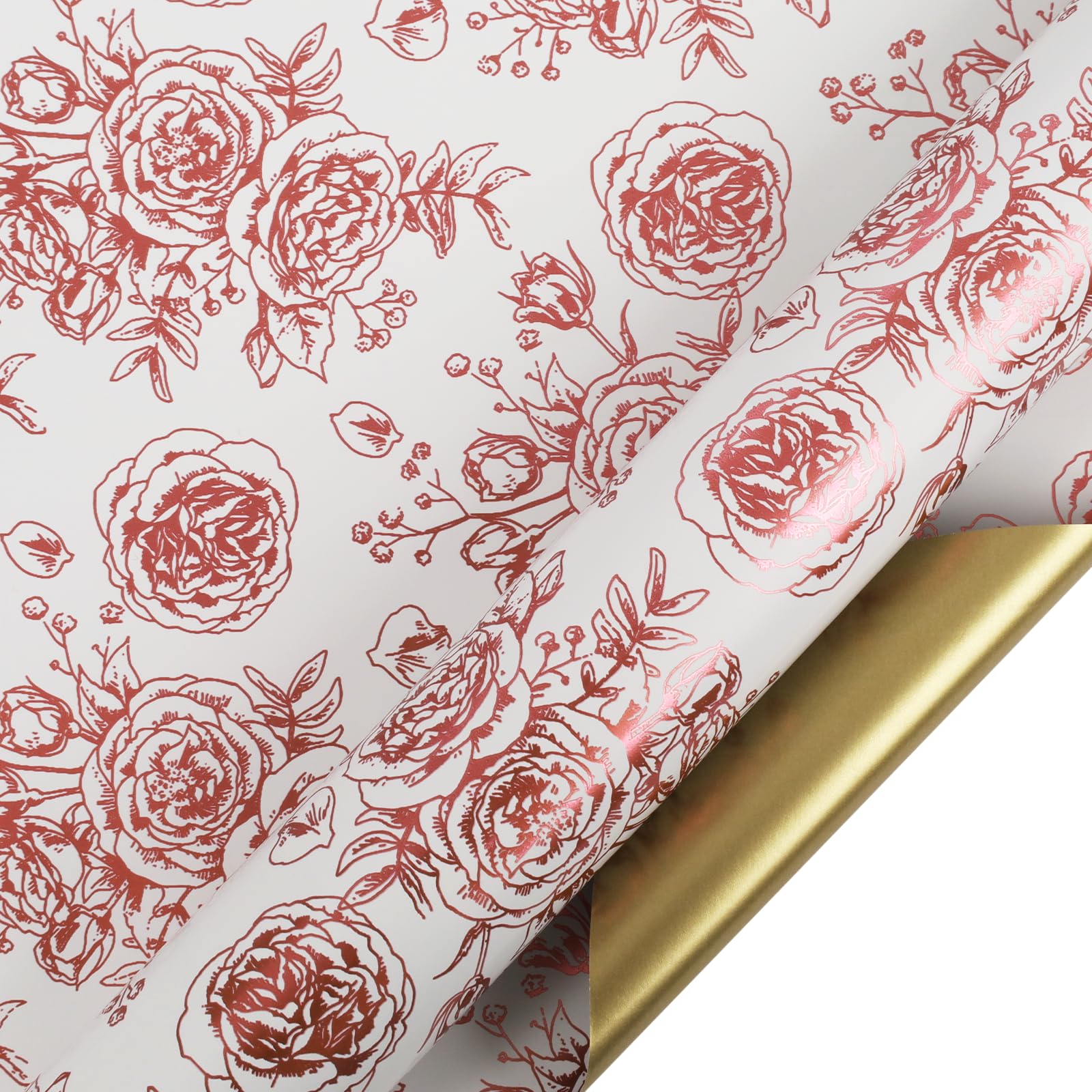 LaRibbons Reversible Floral Wrapping Paper Roll, 17Inch x 33 Feet (46.7 Sq. Ft) – Double-Sided Rose Gold Foil Design for Wedding, Mother’s Day, Bridal Shower & Birthday