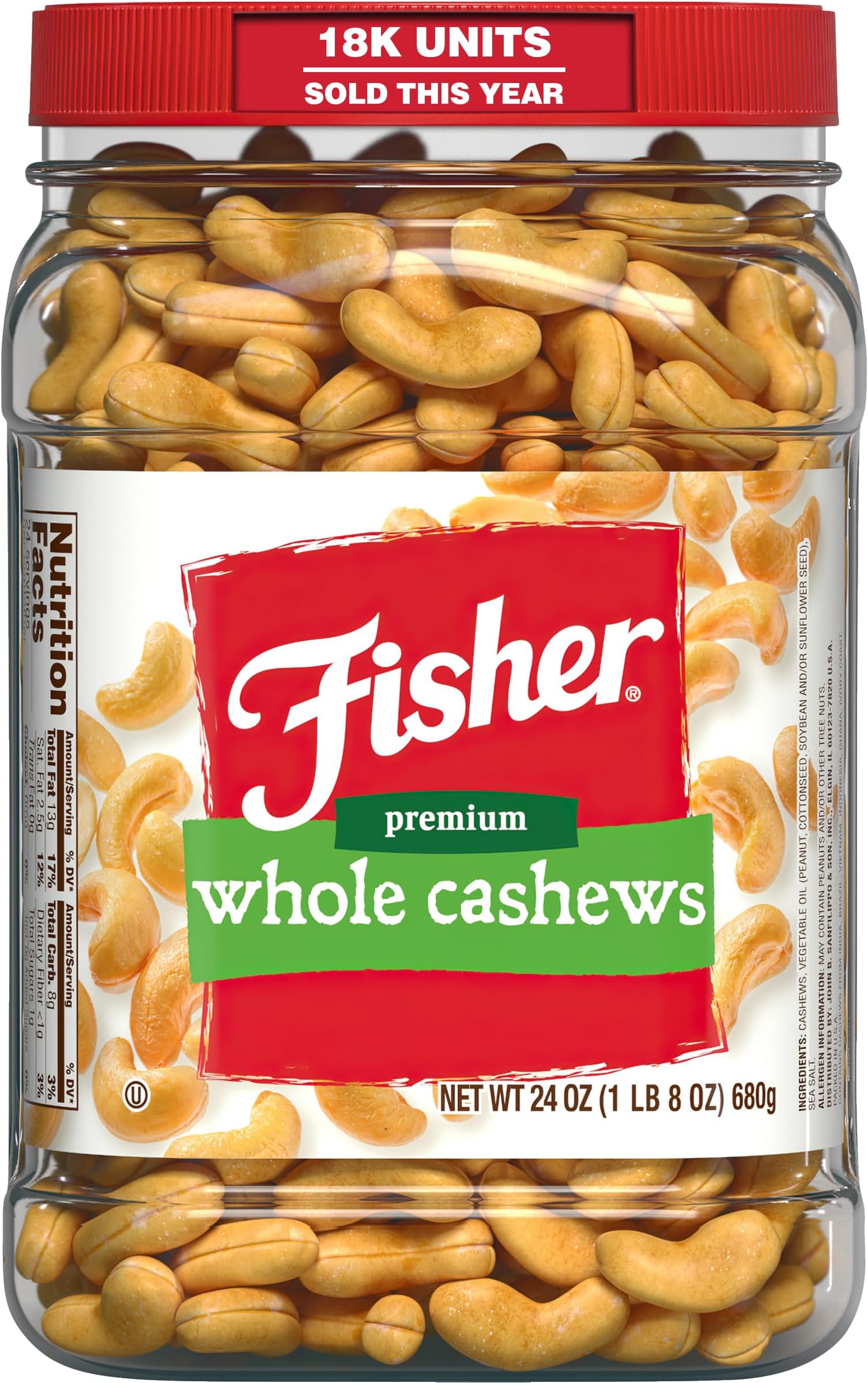 Fisher Snack Premium Whole Cashews, 24 Ounces, Roasted with Sea Salt, No Artificial Colors or Flavors, 100% Recyclable