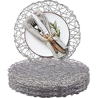 AHHFSMEI Paper Braided Round Placemats Set of 12 Natural Non-Slip Heat Resistant Table Mats for Dining Tables Woven Indoor & Outdoor Place mats for Thanksgiving(Silver)