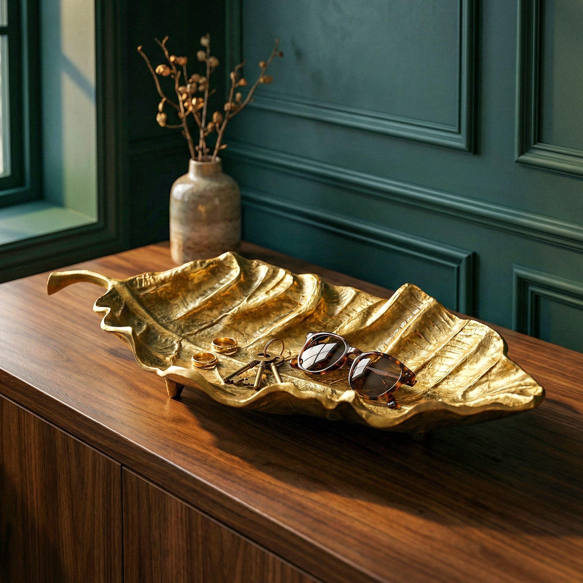 FineBuy Misa Dekoracyjna Liść 67x27x11 cm Aluminium Złota