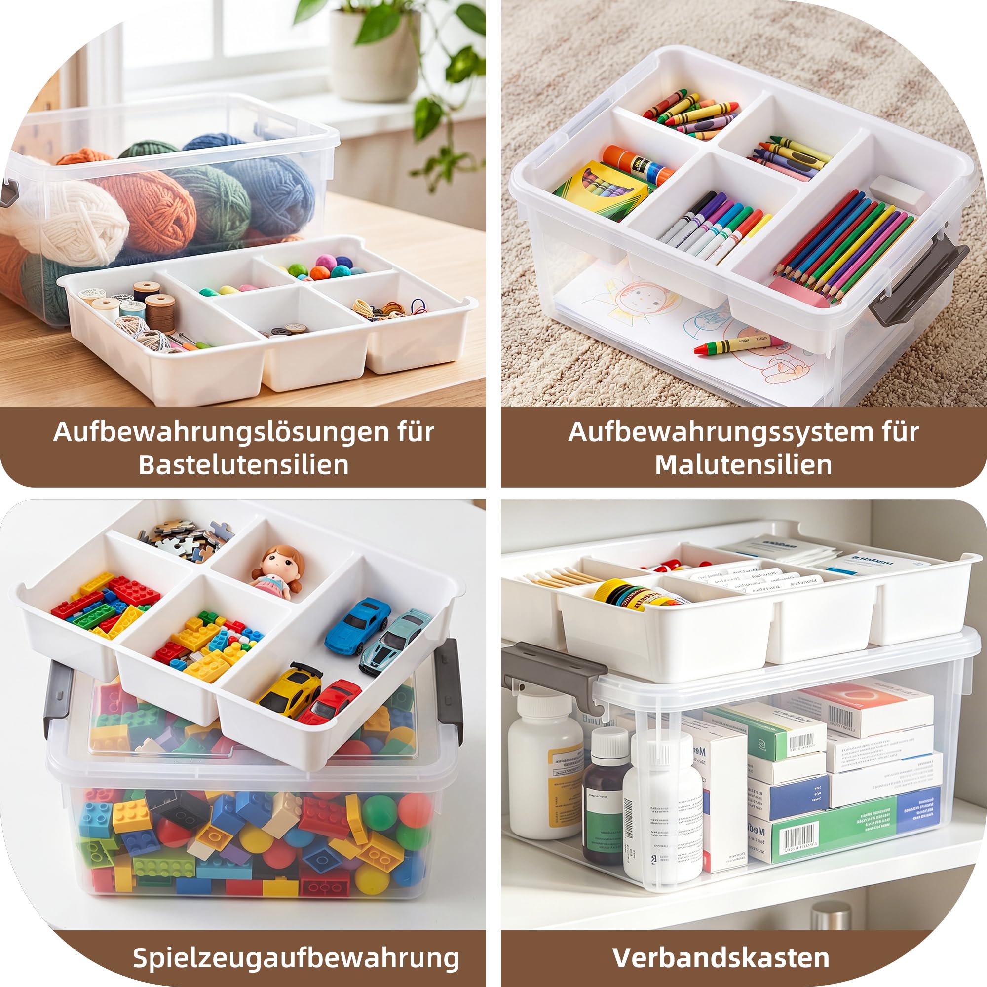 2PCS 16L Aufbewahrungsboxen für Bausteinen mit Deckel, Multifunktionale Kisten mit Abnehmbarem Tablett, Stabile Plastikbox, Bastelaufbewahrungs box für Organisation von Werkzeug, Handwerk, Wollgarn