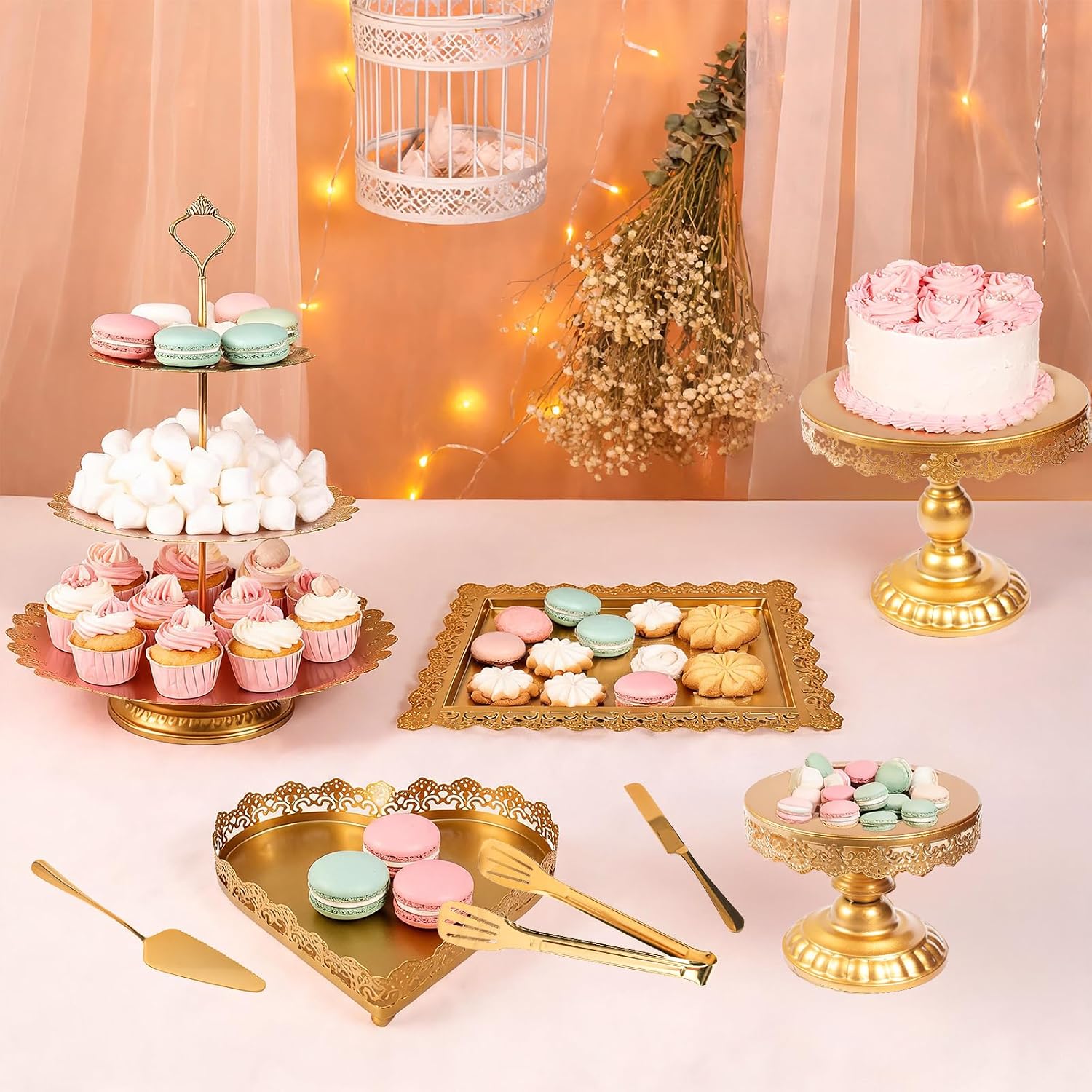 14 Pcs Gold Cake Stand, Metal Dessert Table Display Set Cake Display Tower Cupcake Stand Serving Tray Fruit Candy Donut Plate for Birthday Party, Weddings, Baby Shower