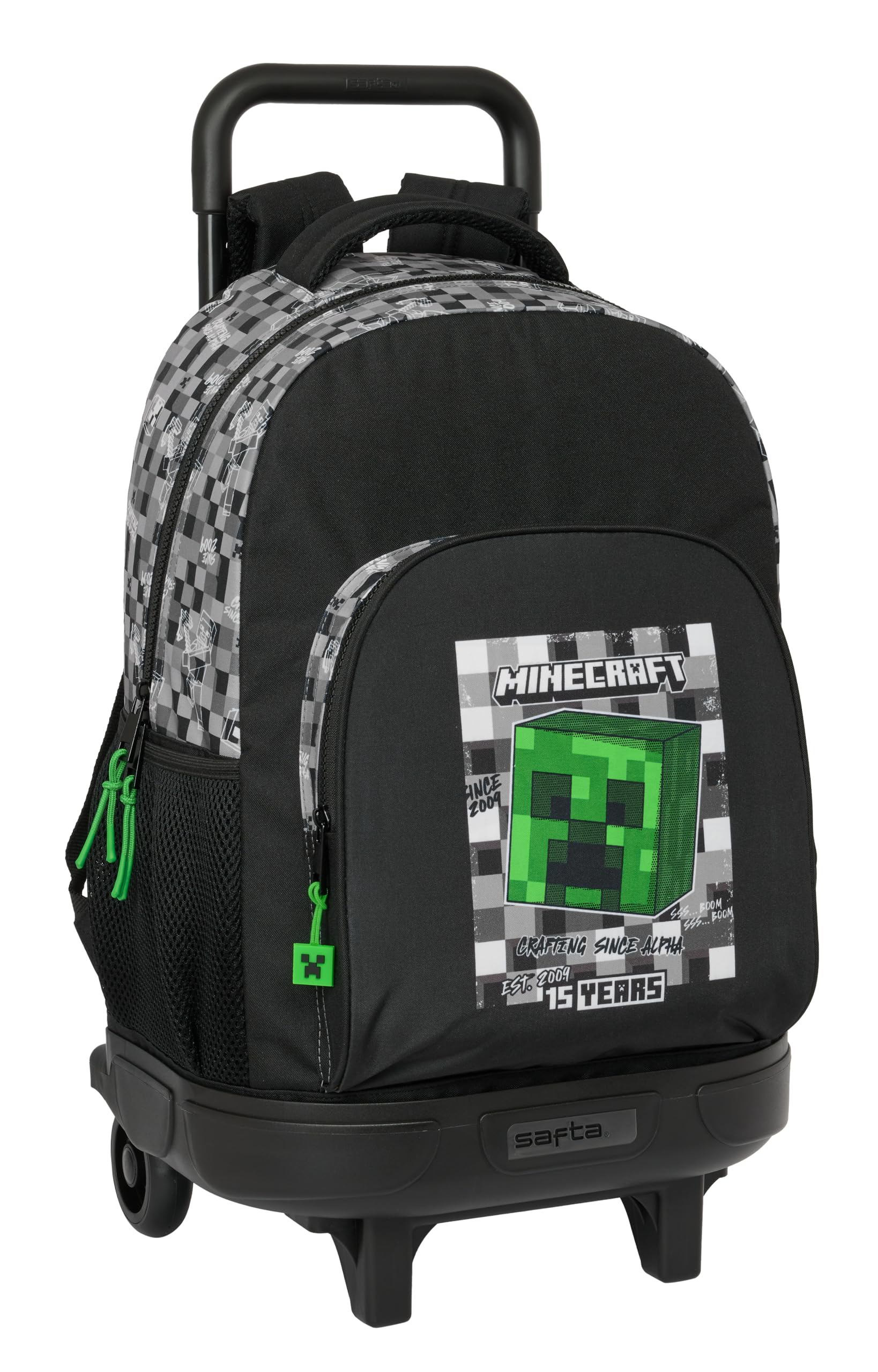 Safta Minecraft - Mochila Grande con Ruedas, Compacta, Extraíble, Ideal para Niños de Diferentes Edades, Cómoda y Versátil, Calidad y Resistencia, 33x22x45 cm, Color Negro/Gris/Verde