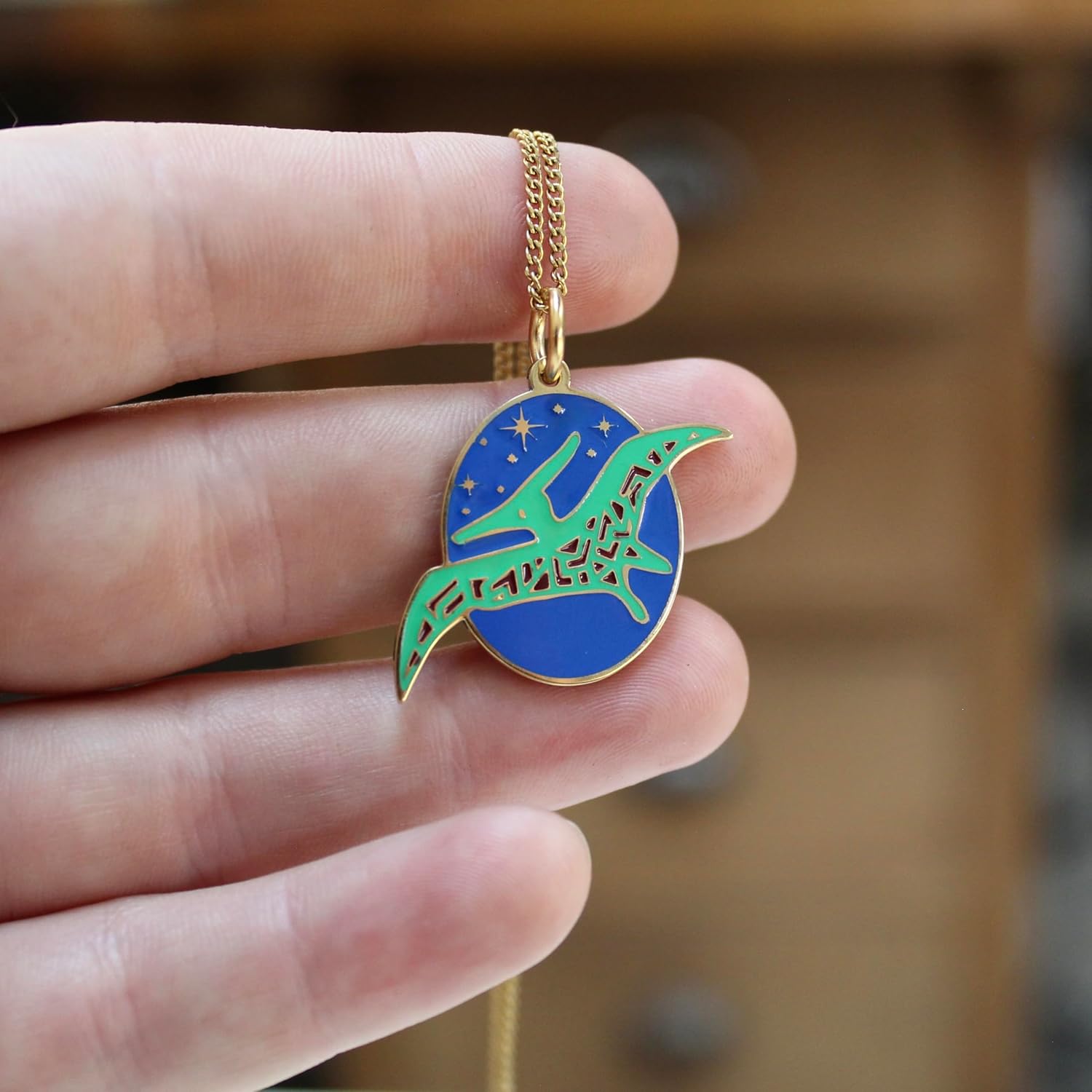 Mark Poulin Gold Pterodactyl Dinosaur Charm Necklace - Gold Finished Dinosaur Jewelry on Adjustable Chain