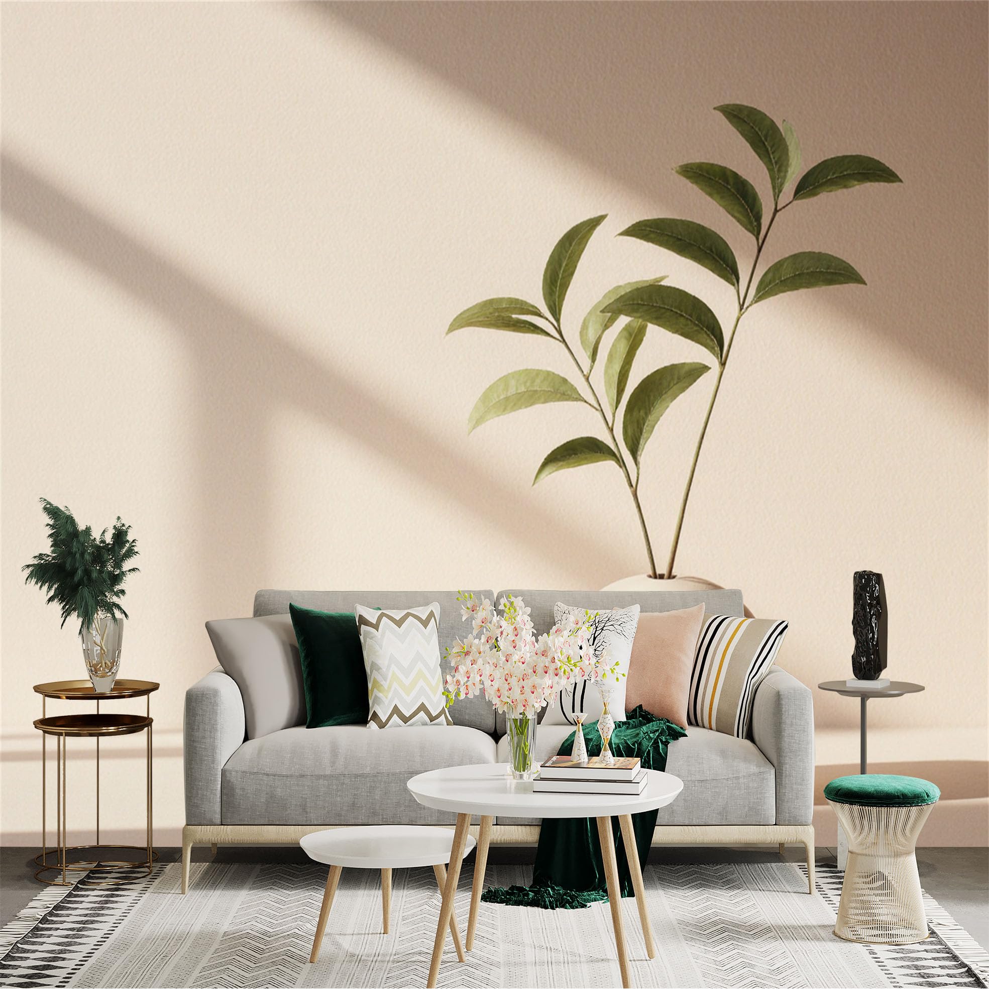 Custom Size Wall Sticker Mural， Minimalist Beige Vase with Green Leaves， Soft Sunlight Shadow， Elegant Botanical Decor， for wall Decoration， peelandstick wall Decals.