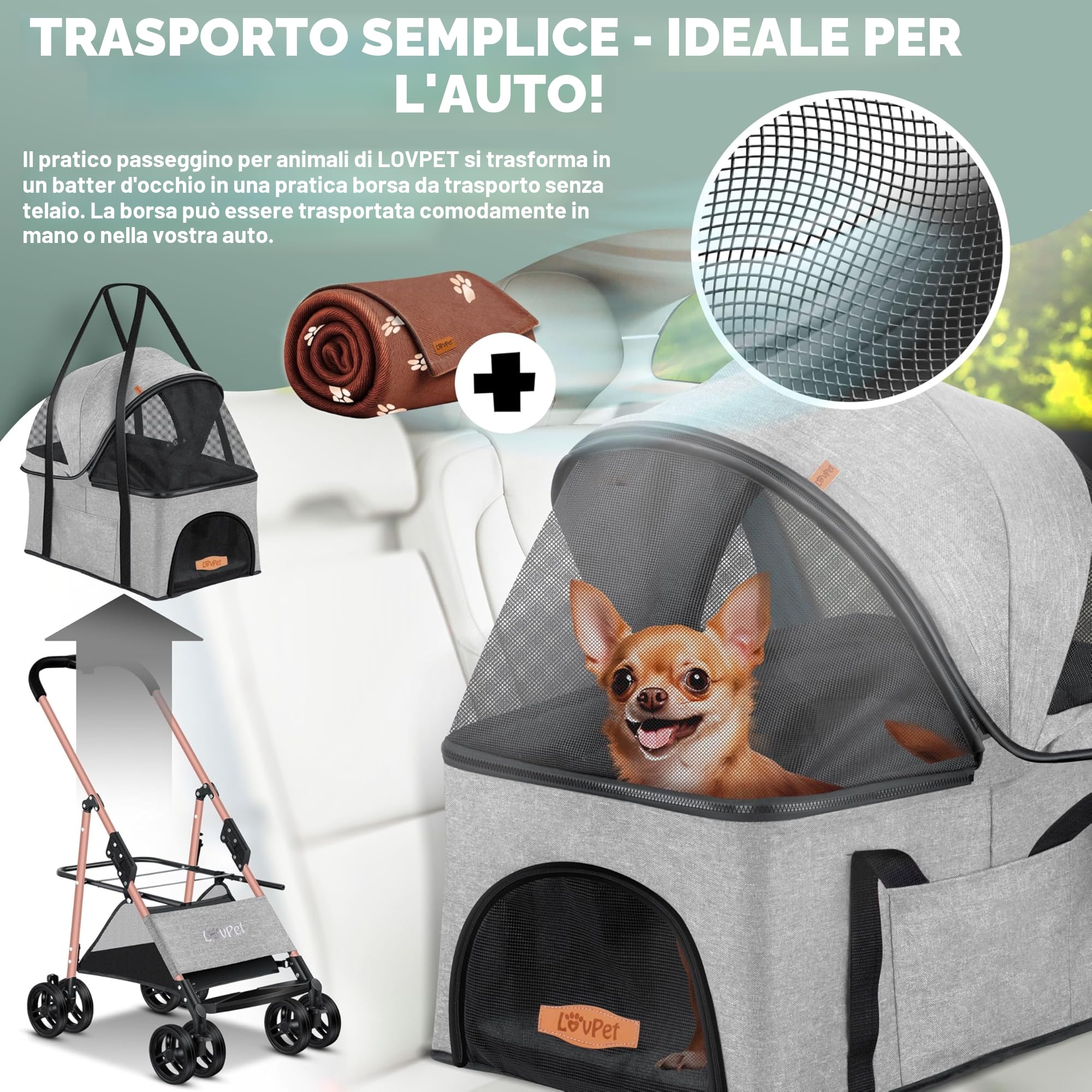 LOVPET® Passeggino per cani 2in1 - box per trasporto cani - borsa da trasporto per cani pieghevole fino a 20 kg - carrello per animali con finestre a rete e parapioggia I grigio chiaro