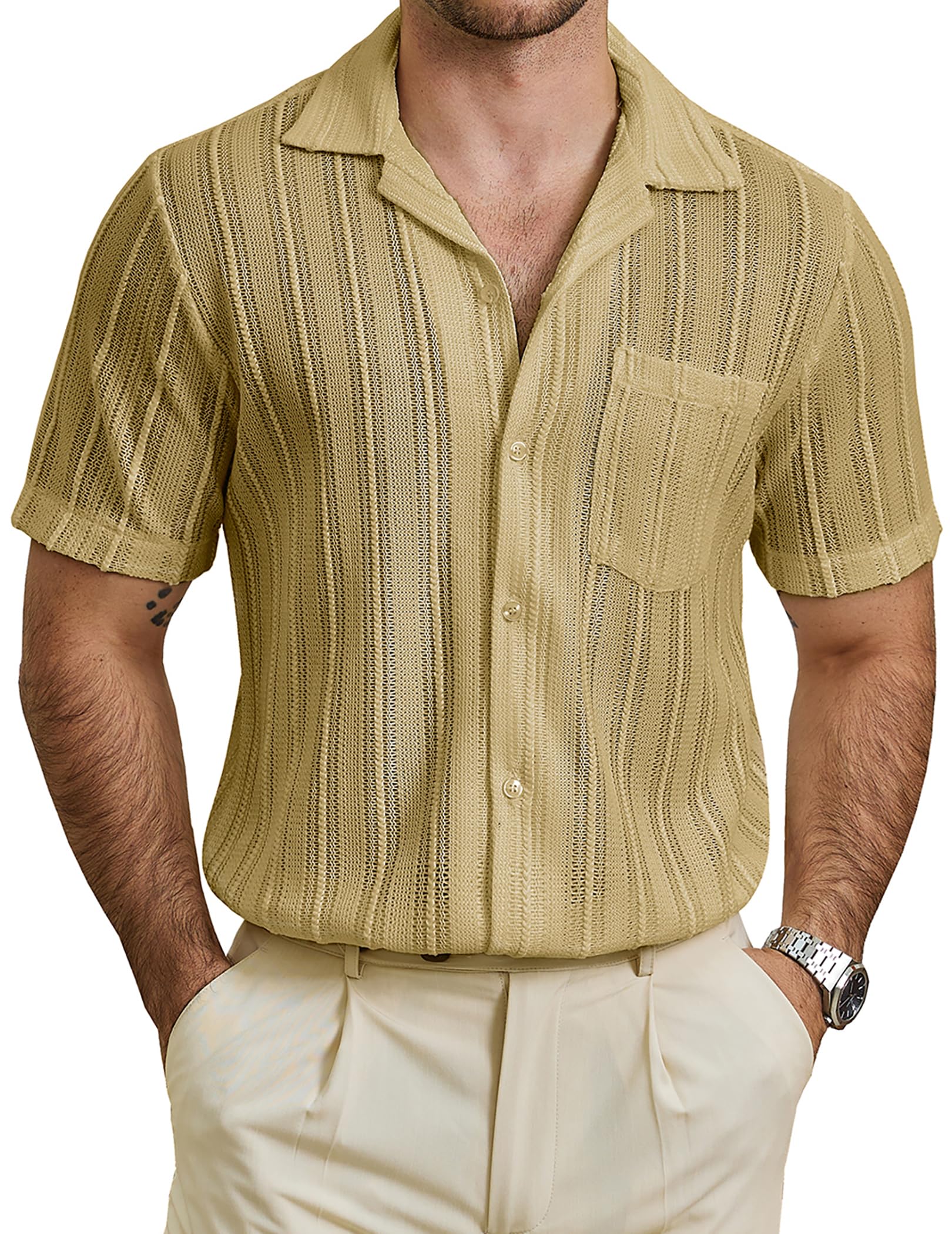 VATPAVE Mens Summer Lace Shirts See Through Sheer Shirts Casual Short Sleeve Button Down Beach Shirts