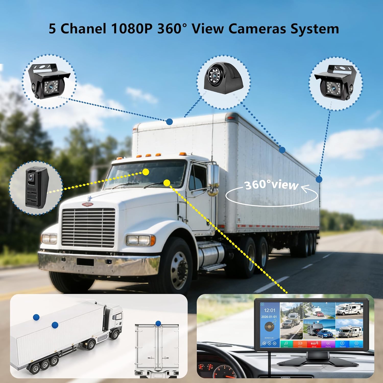 RV Camera System, 10.36" Touch Screen DVR 5 Channel Split Monitor with Blind Spot Detection, IP69 Waterproof Night Vision 1080P Backup Front Rear Side View Camera for RV Truck Trailer Camper