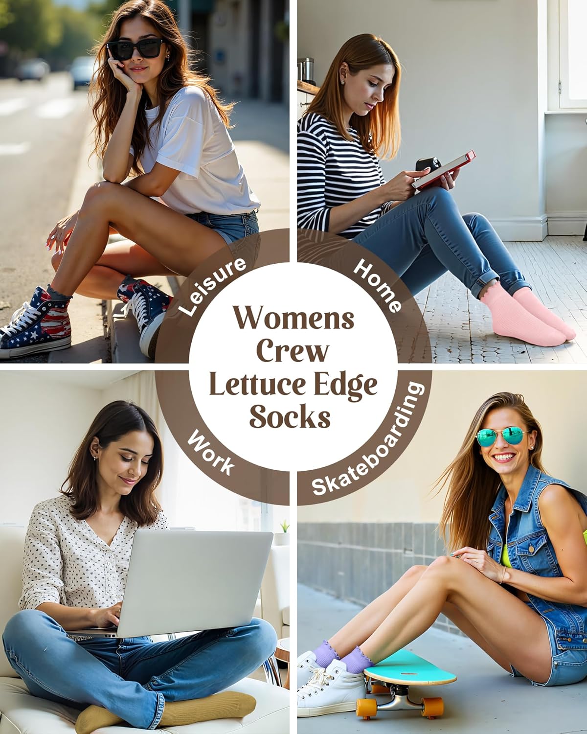 Ruffle Socks for Woman Girls, 8 Pairs Soft Casual Knit Ankle Boot Quarter Gifts, Womens Cotton Lettuce Edge Crew Socks - Image 2