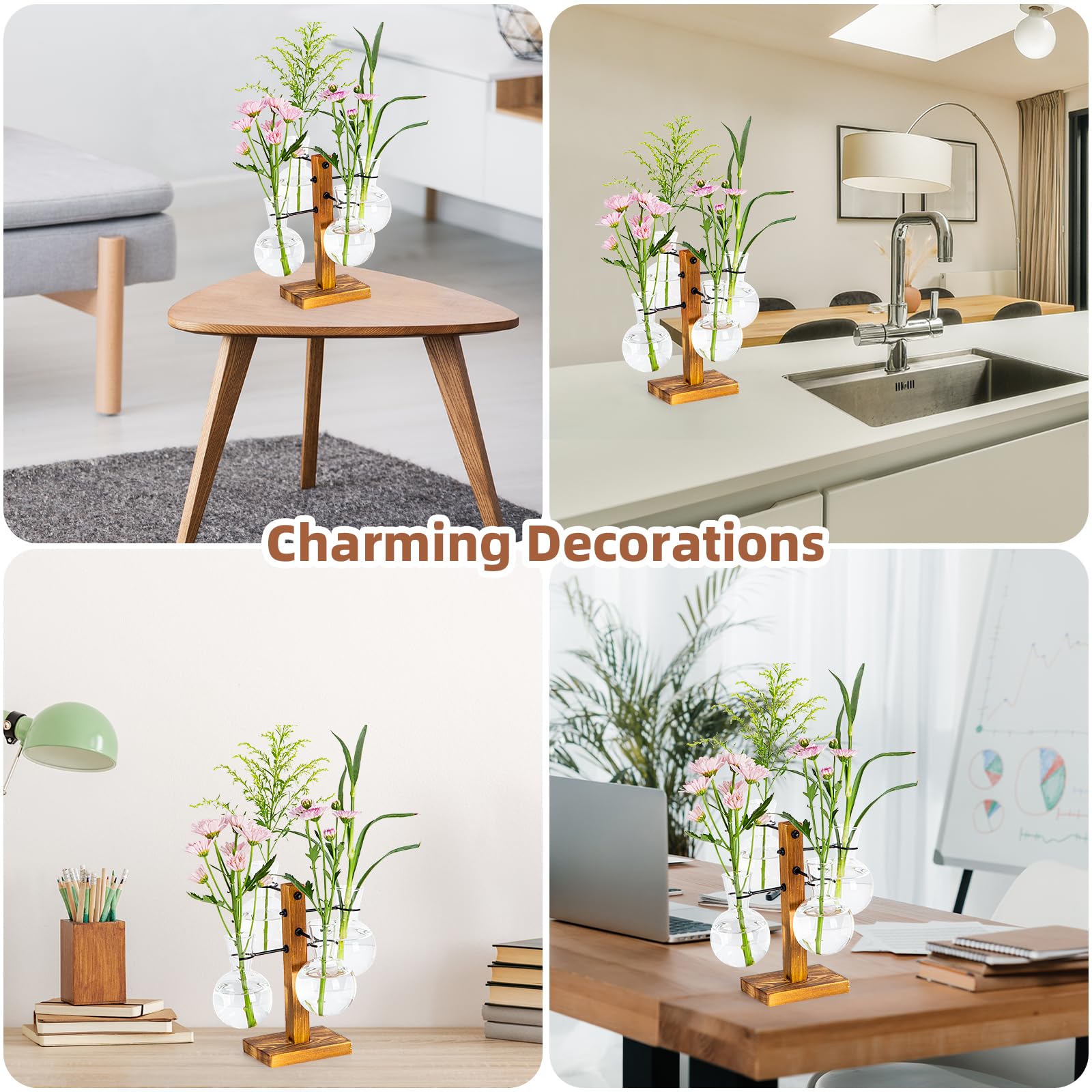 Station de propagation de plantes avec support en bois d'acacia et 4 vases en verre, vases de propagation élégants pour plantes, décoration de maison et de jardin – Cadeau idéal pour les amateurs de