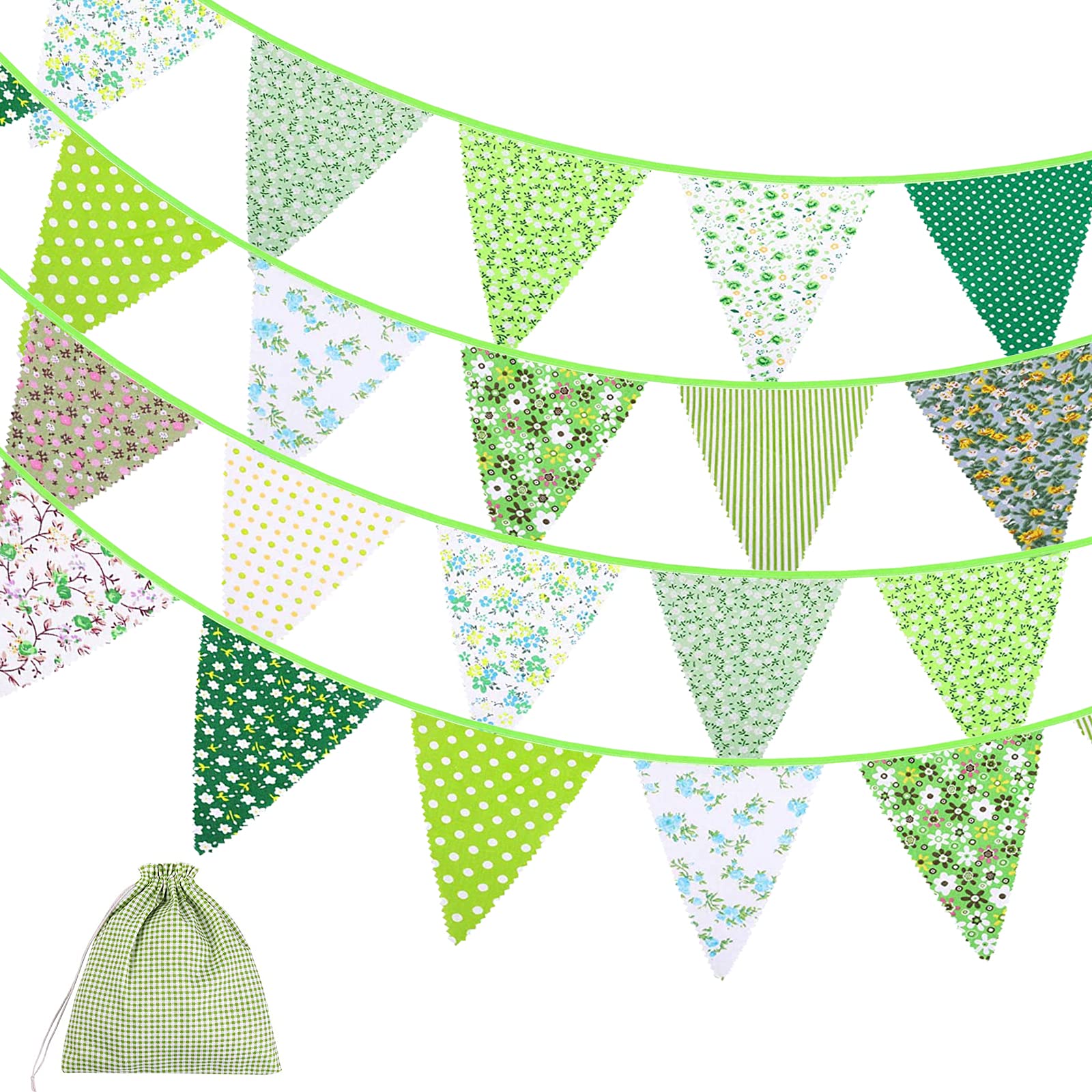 Uiopa Fabric Bunting Green 40 Feet Outdoor Cloth Banner 42pcs Floral Bunting Flags Happy Birthday Bunting Reusable Triangle Flags for Garden, Wedding, Bedroom, Easter, Party Decorations