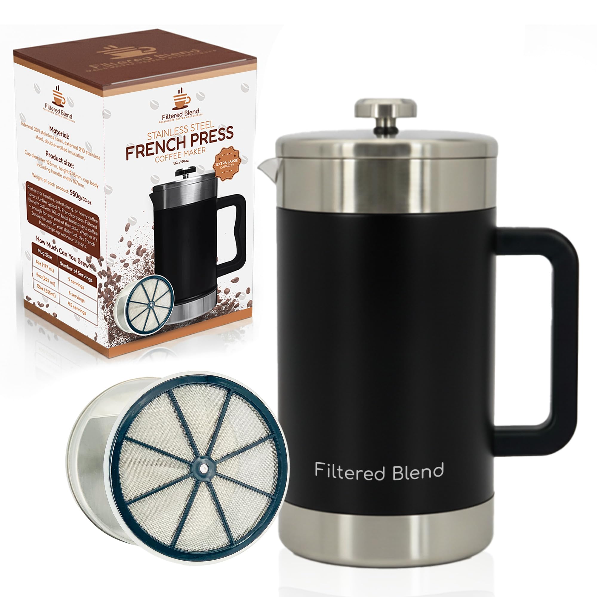Filtered Blend 1.6L French Press Coffee Maker (Black)
