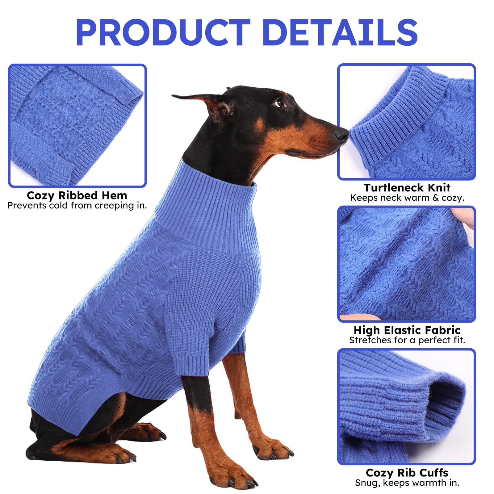 ASENKU Hundepullover für große Hunde, Mädchen und Jungen, Rollkragenpullover, Winterbekleidung für Dobermann, Dogge (Blau, Größe 3XL)