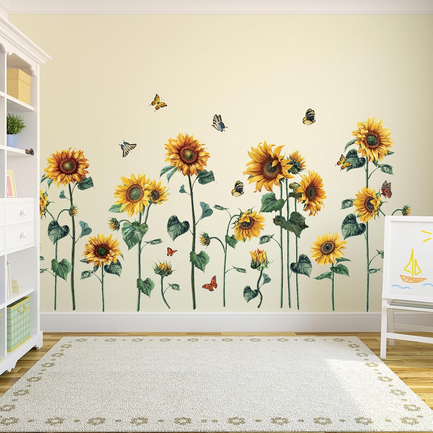 Watercolor Sunflower Wall Sticker Peel and Stick Flower Butterfly Wall Decal Vintage Floral Plant Wall Art Mural Green Leaf Wall Stickers for Living Room Bedroom Decor