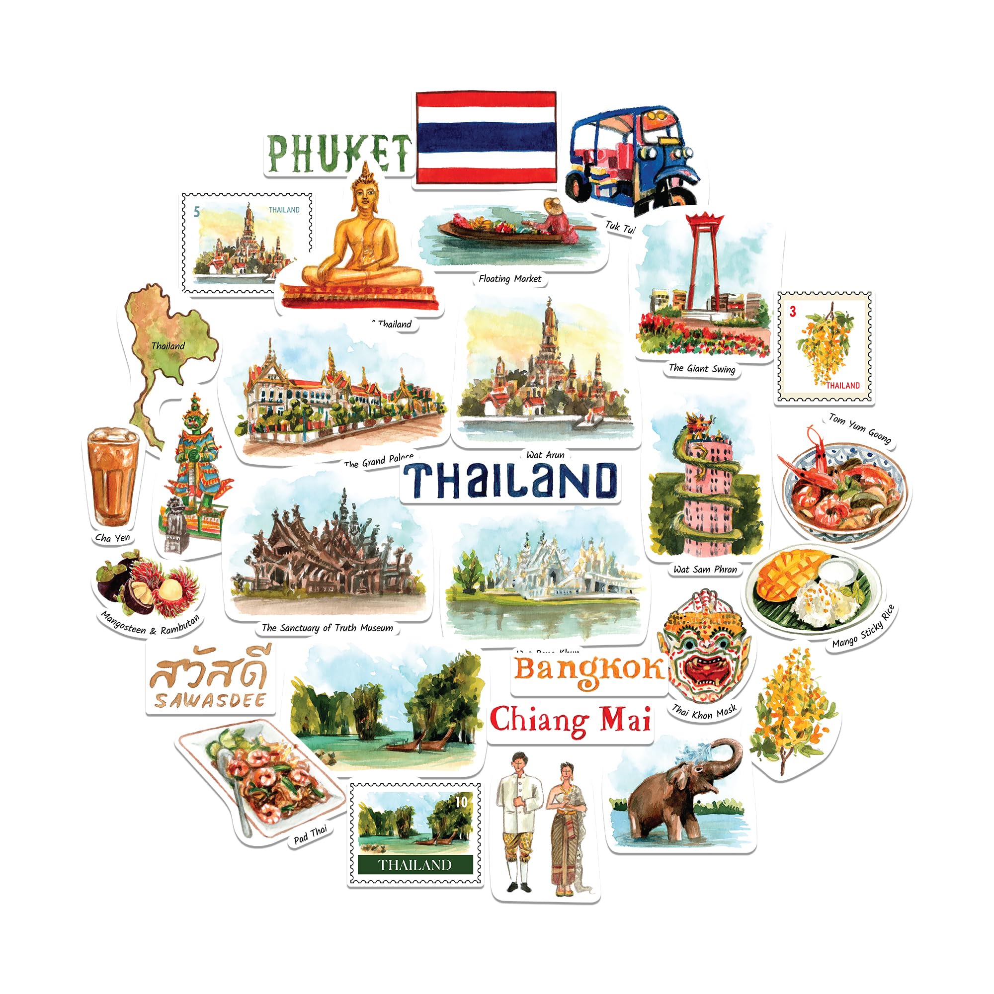 Navy Peony Amazing Thailand Statement Stickers - Hand-Illustrated Watercolour, Glossy, Waterproof - for Suitcases, Laptops, Water Bottles (30-Piece Set)