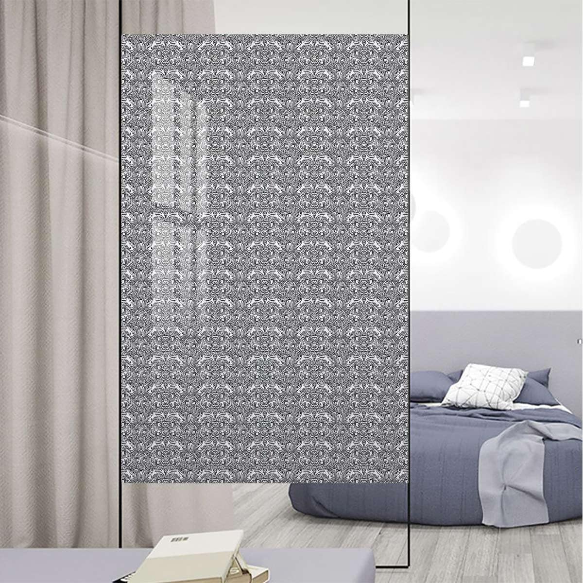 Black White Privacy Door Film Static Cling Glass Film Flower and Leaf Patterns Window Film Privacy Color Window Sticker Abstract 35.4Wx78.7L-inch