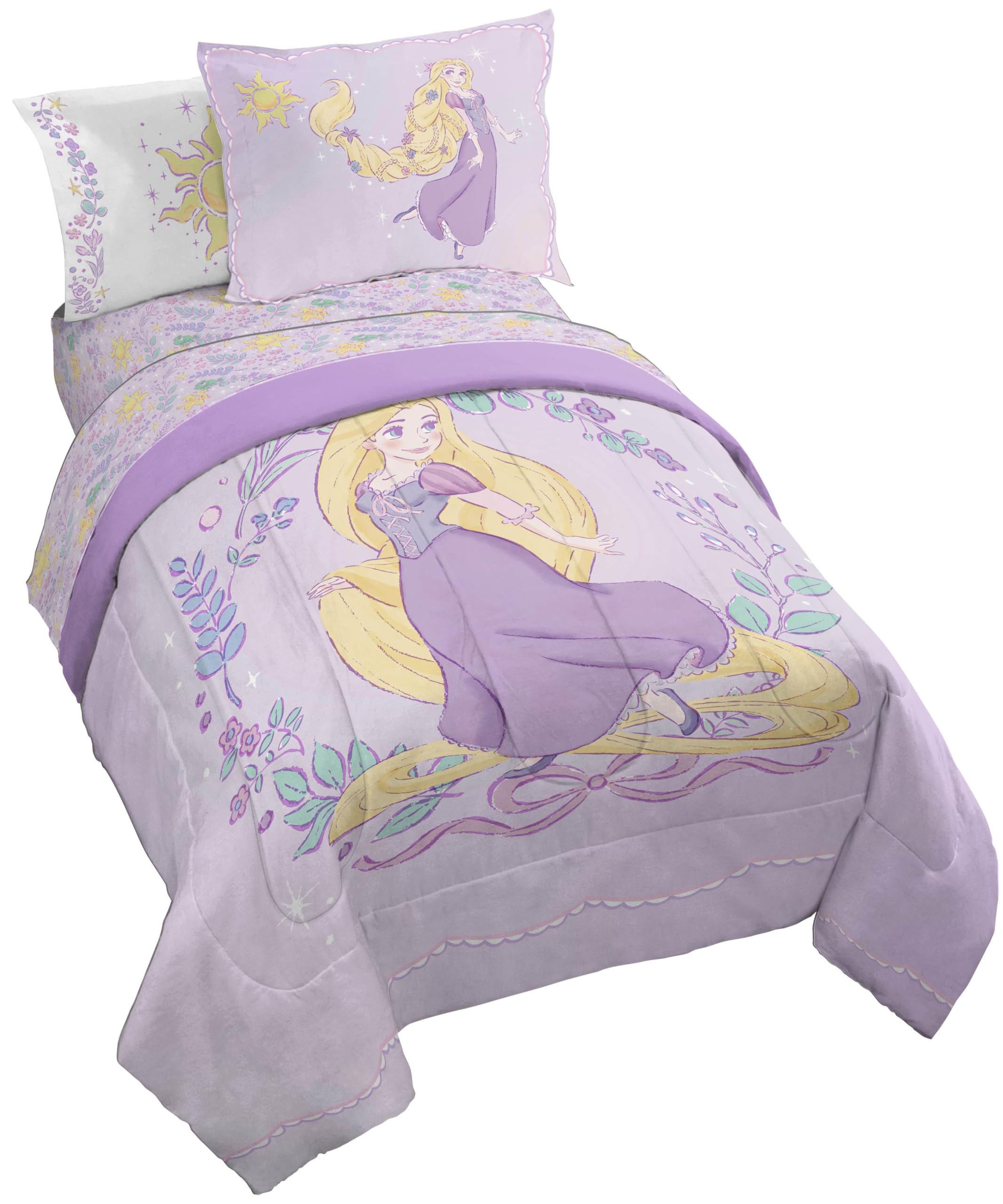 Jay Franco Kids Comforter Set Includes Sheets and Pillow Covers - Soft and Cozy Bed Set for Stylish Room Decor, Purple - Disney Princess Rapunzel, 5 Piece Twin Size Bedding