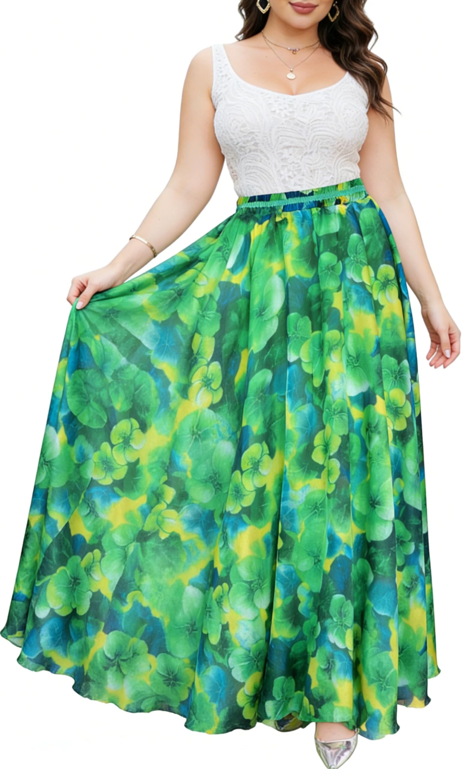 Afibi Womens Blending Chiffon Retro Long Maxi Skirt Vintage Dress