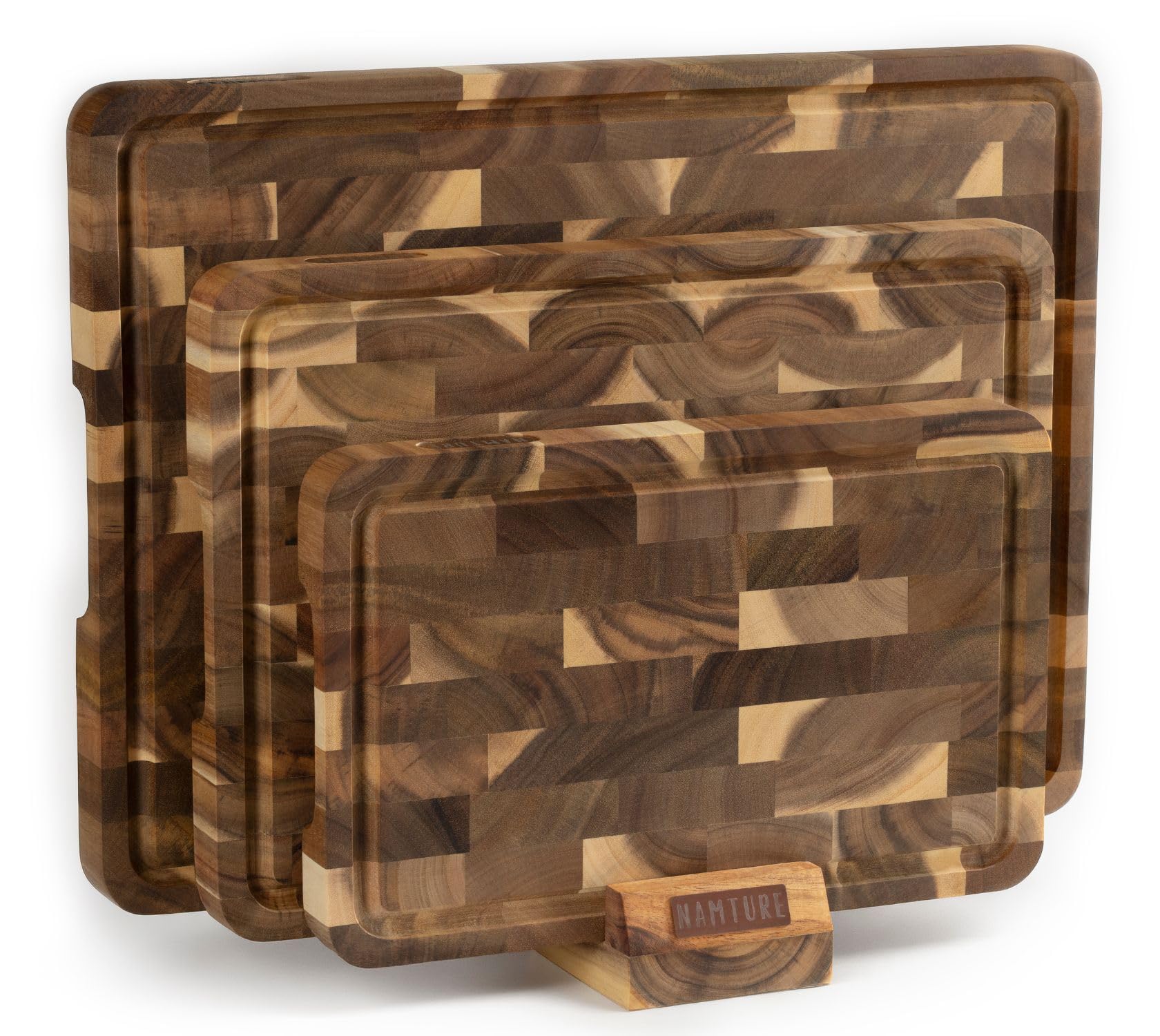 Set di 3 Taglieri da Cucina in Legno di Acacia – 2,5 cm, finitura ad olio premium, canalina raccogli succhi, piedini antiscivolo & supporto – confezione regalo