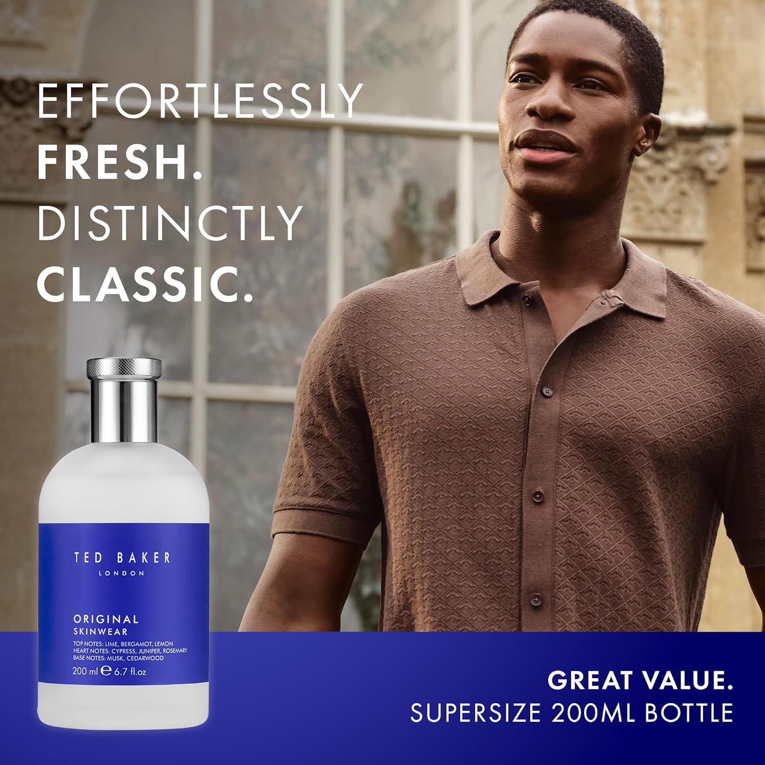 Ted Baker Skinwear EDT, woody masculine fragrance, zesty lime, bergamont and lemon top notes with sandalwood, amber and cedar base notes, 6.76 fl oz
