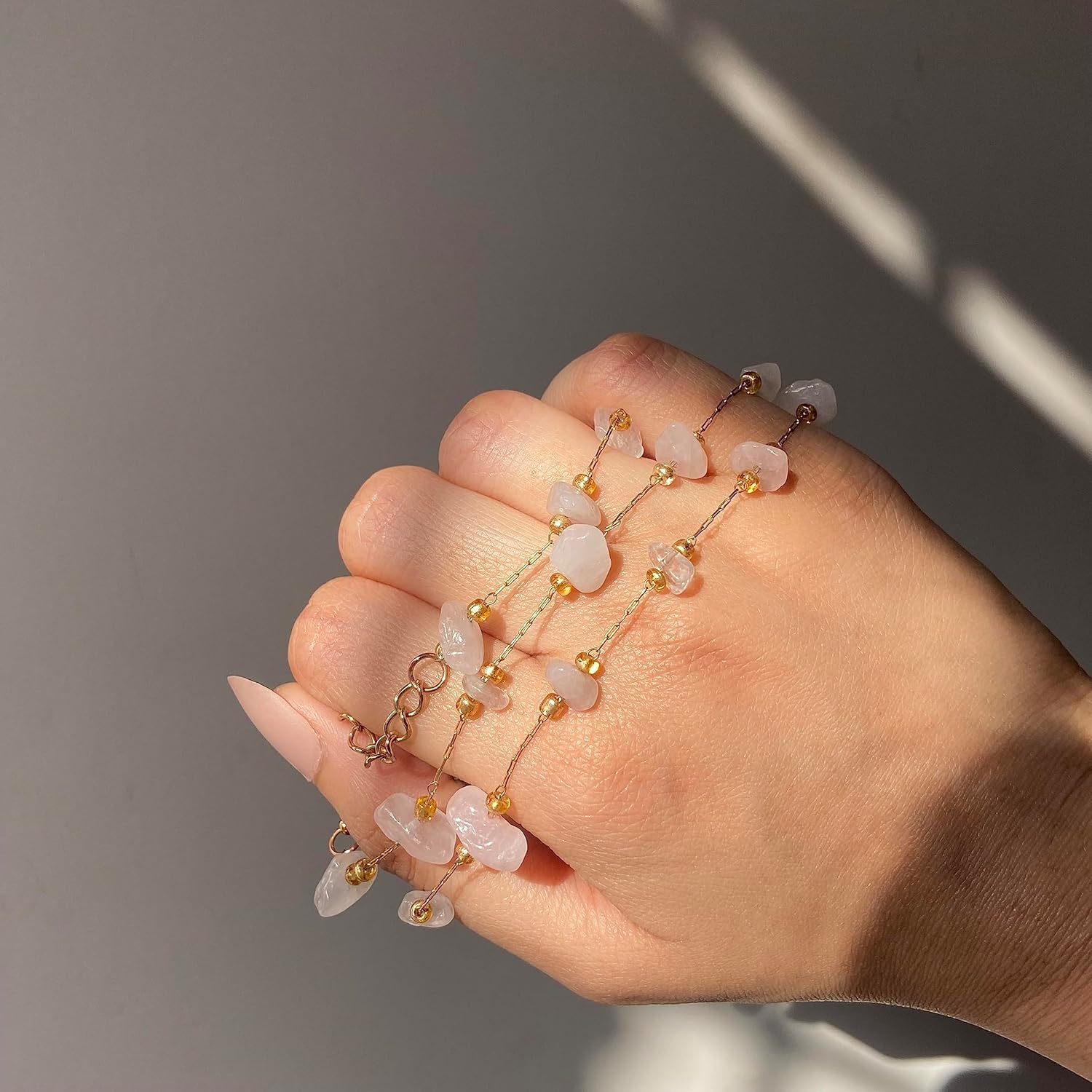 Natural Rose Quartz Crystal Gemstones 925 Sterling Silver Chain Strand Necklace For Women, 18 K Gold Plated Pink Stone Necklace