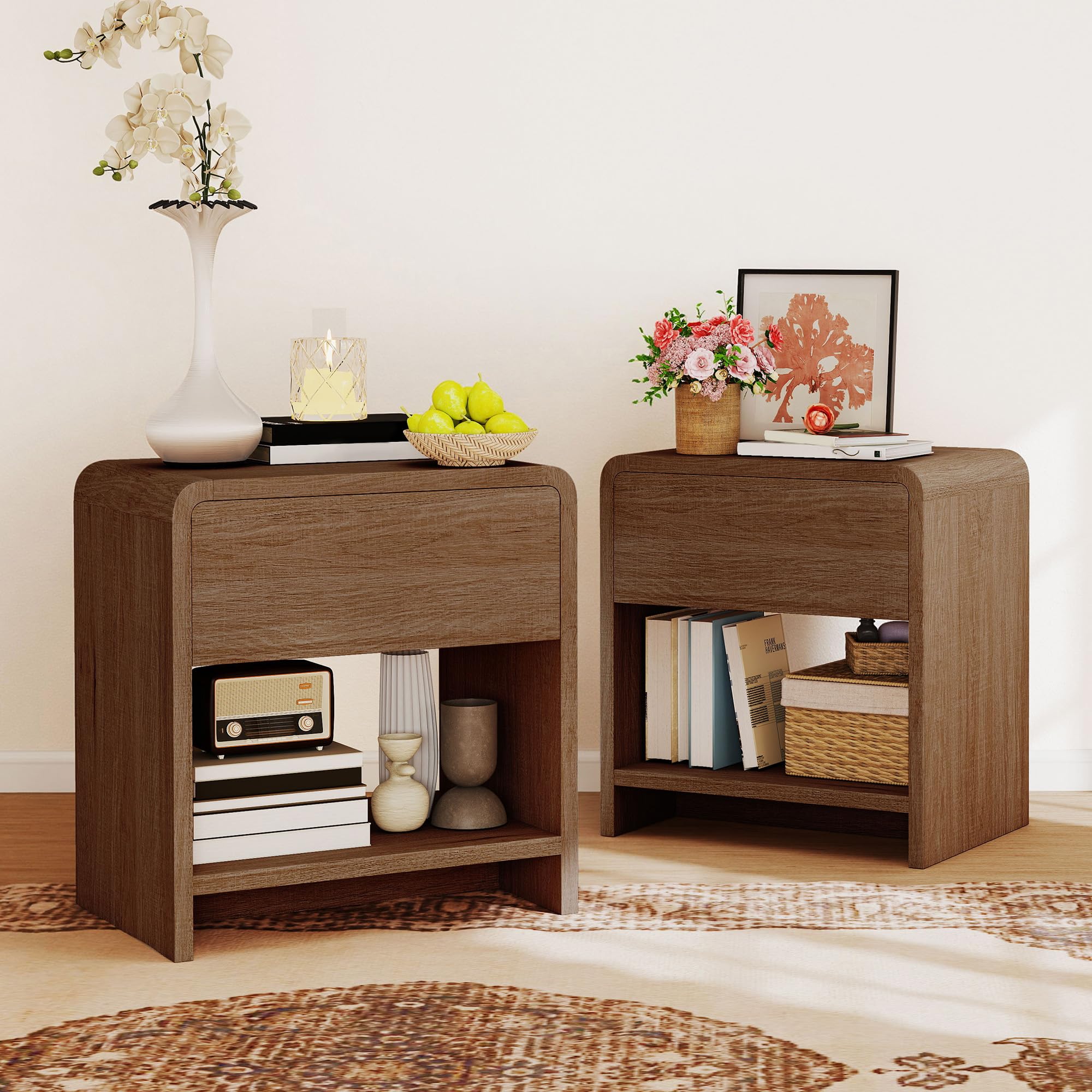 LUXOAK Bedside Tables Set of 2, Modern Bedside Cabinet with Drawer & Open Shelf, Bed Side Table for Bedroom with Rounded Corners,Walnut