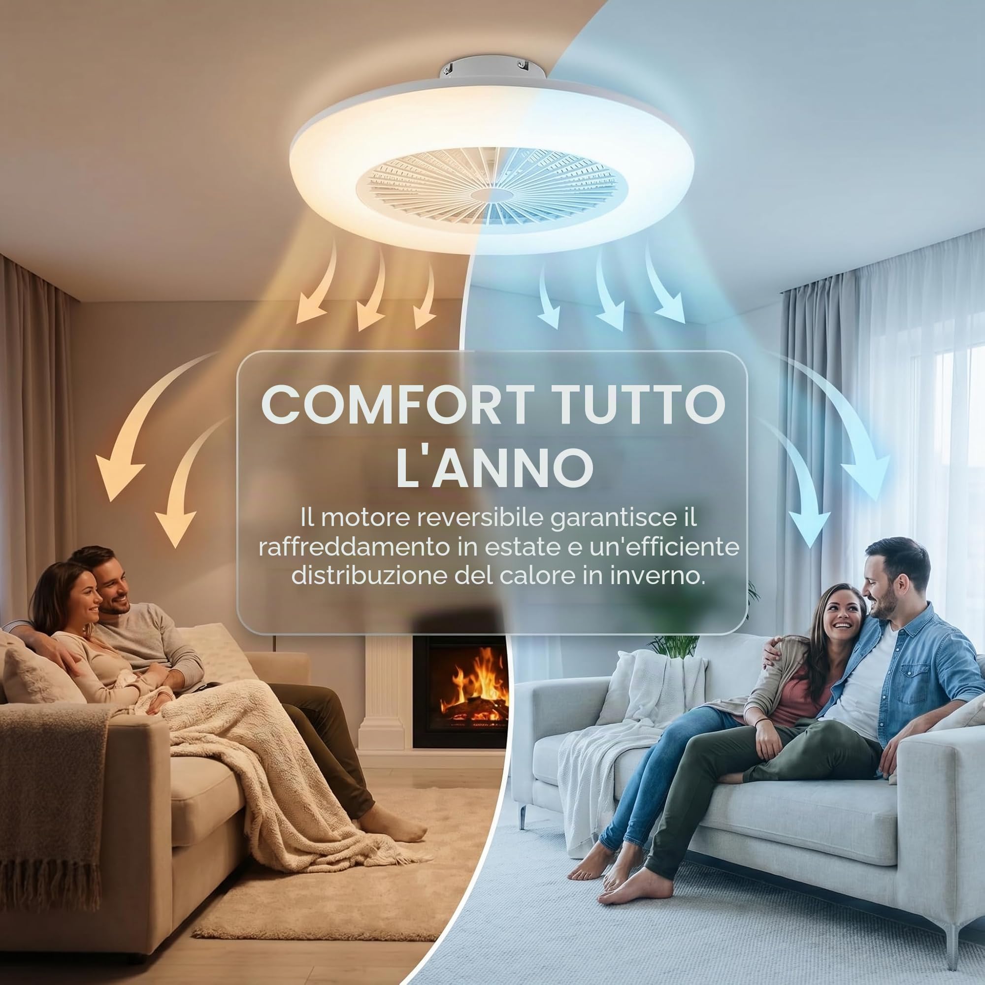 Fiqops Ventilatore da soffitto con illuminazione e telecomando 80 W, Wi-Fi Ø 55 cm, 6 velocità, dimmerabile, timer, funzionamento estivo invernale per camera da letto, soggiorno