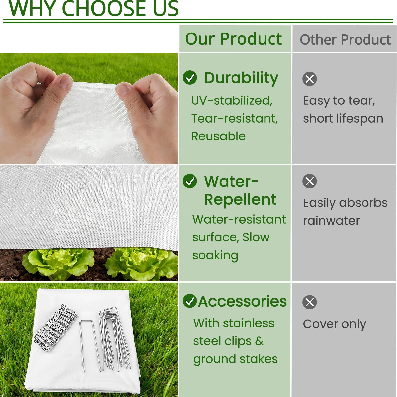 Cubierta para plantas de protección contra heladas de 10.5 pies x 50 pies, manta de congelación de jardín de 1.2 onzas/yd² con clips y estacas para protección de plantas de invierno al aire libre