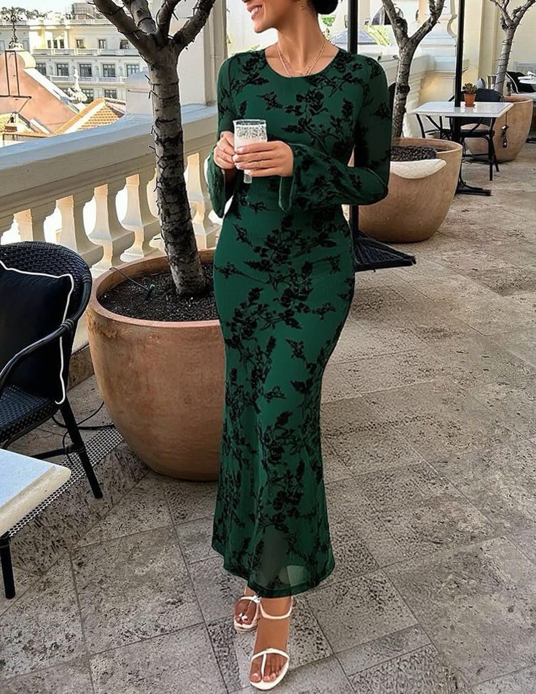 ZESICA Women's Long Sleeve Floral Bodycon Dress 2026 Spring Fall Ruched Mesh Wedding Guest Cocktail Party Maxi Dresses - Image 6